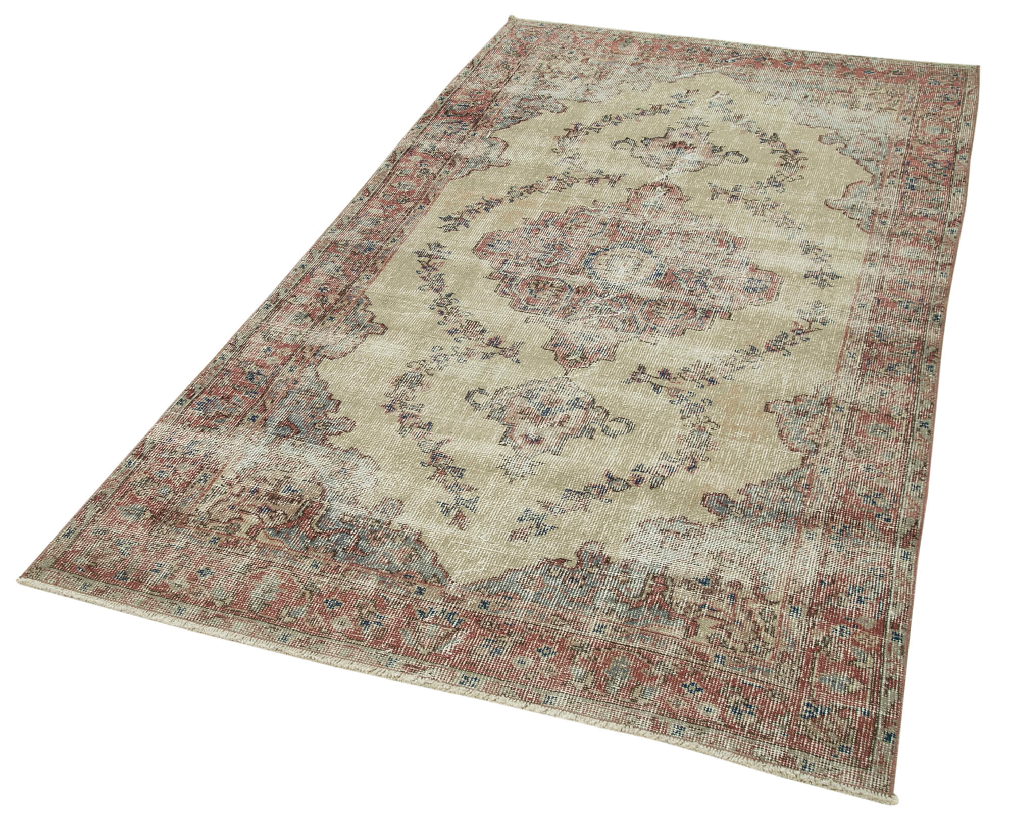 Vintage Handmade Area Rug – Overdyed Beige Turkish Cotton Wool Carpet 4'0''x7'3''
