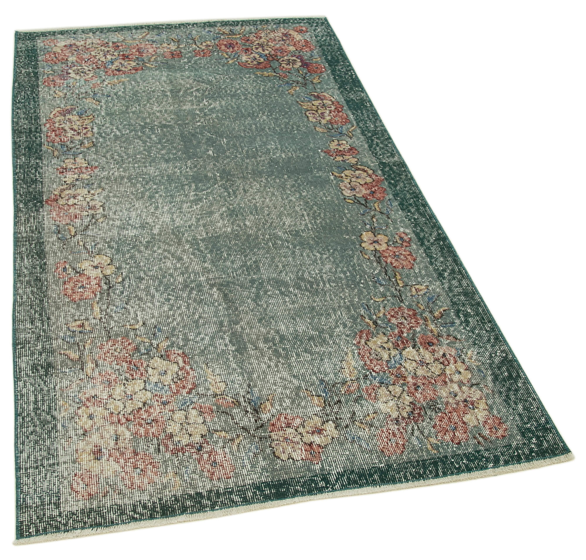 Handmade Area Rug – Overdyed Green Vintage Wool Cotton Carpet 3'6''x6'4''