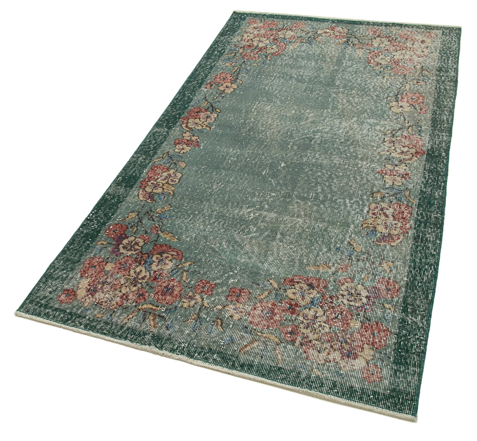 Handmade Area Rug – Overdyed Green Vintage Wool Cotton Carpet 3'6''x6'4''