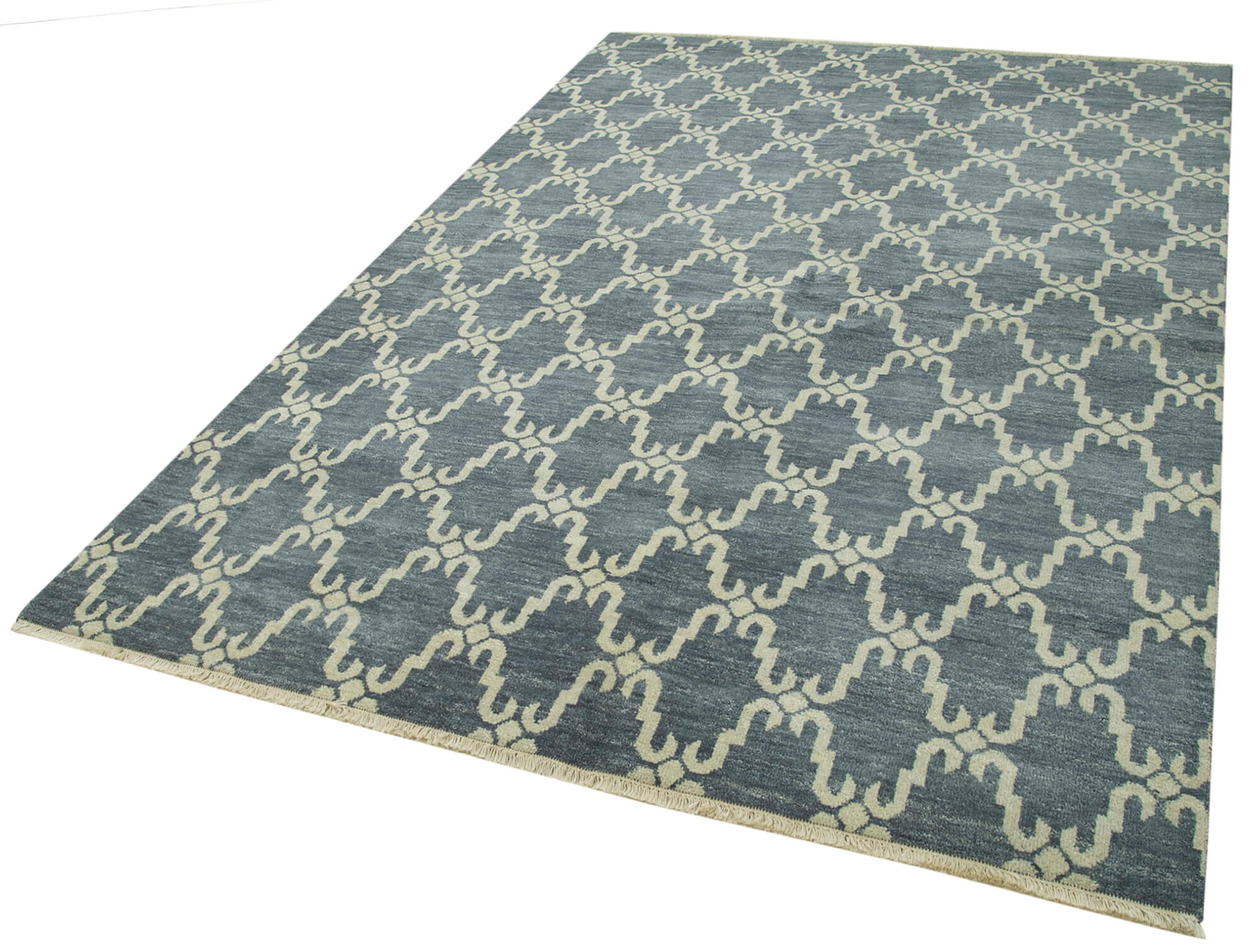 Handmade Wool Cotton Rug – Blue Geometric Pattern Carpet | 6x9 Wool Rug