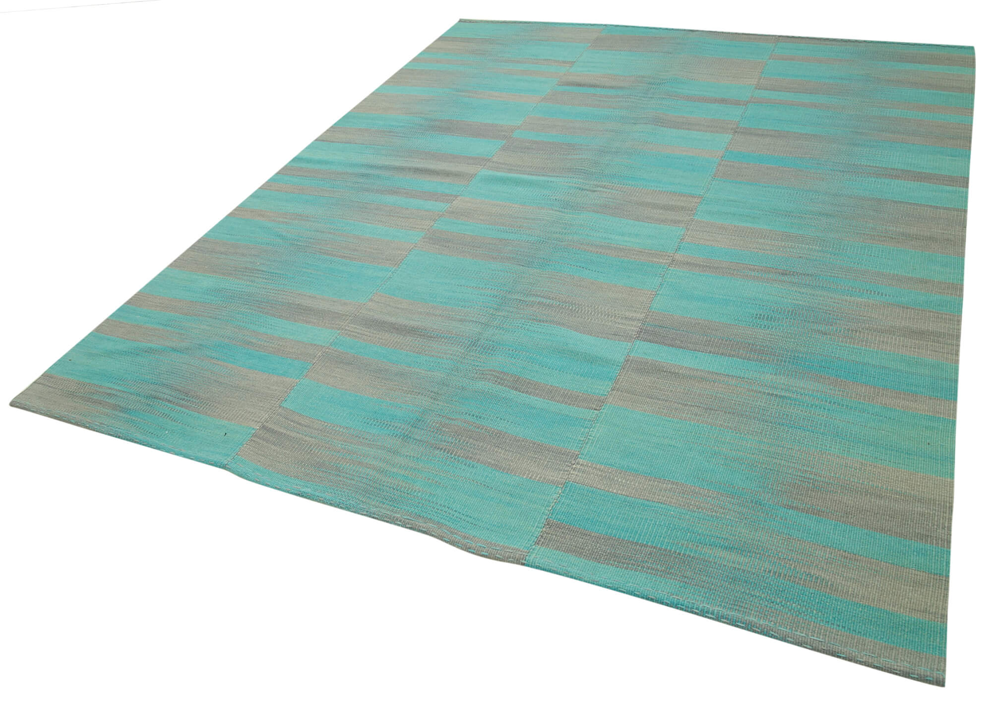 Handmade Area Rug - Turquoise Striped Cotton Wool Carpet | Vintage Kilim
