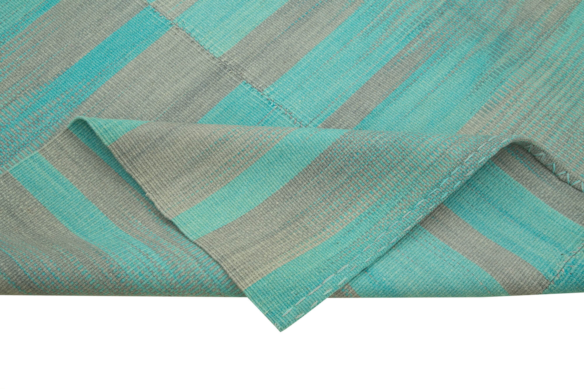 Handmade Area Rug - Turquoise Striped Cotton Wool Carpet | Vintage Kilim