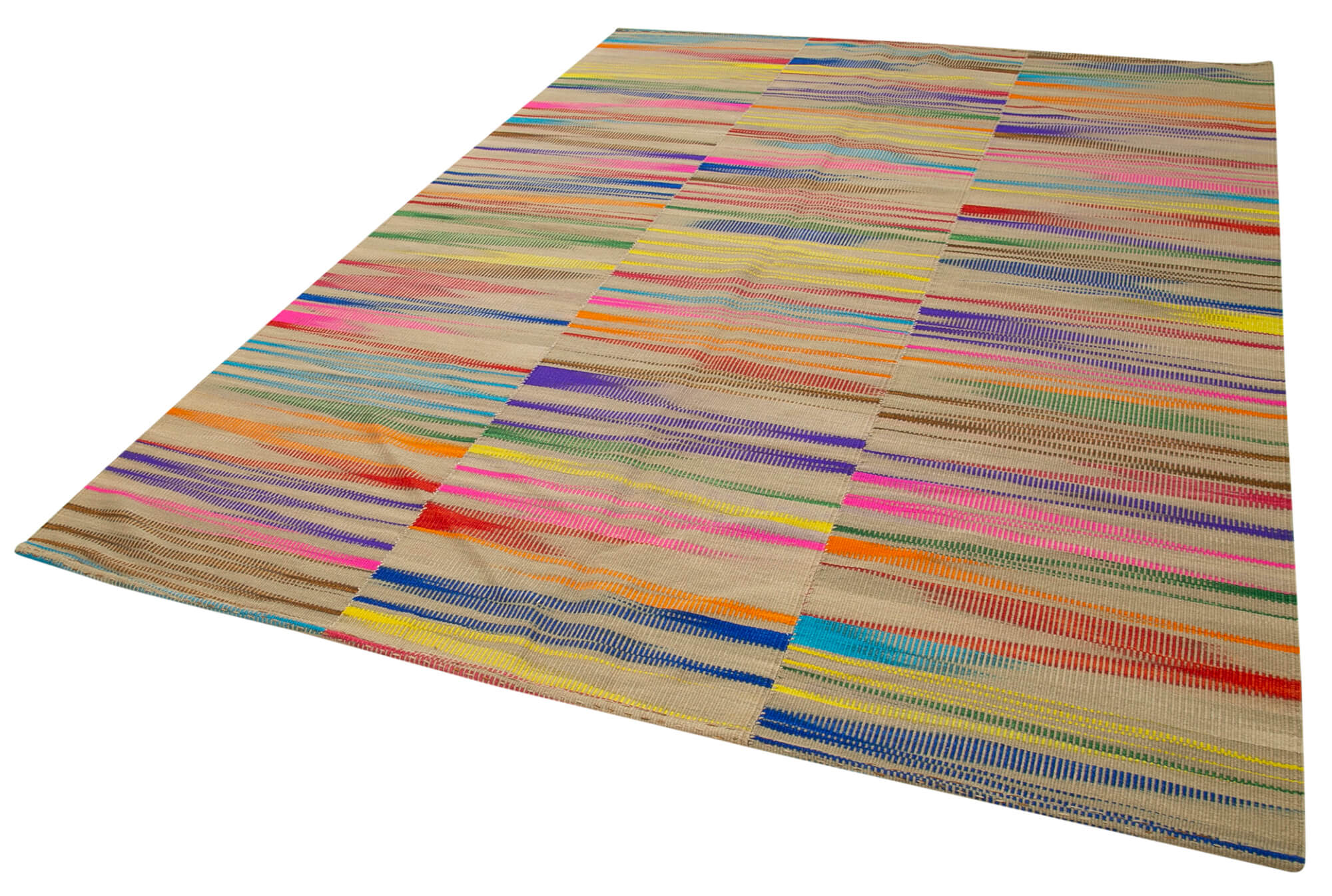 Handmade Cotton Wool Rug - Turkish Kilim Carpet | Striped Soft Wool Area Rug 6'10" x 9'3"