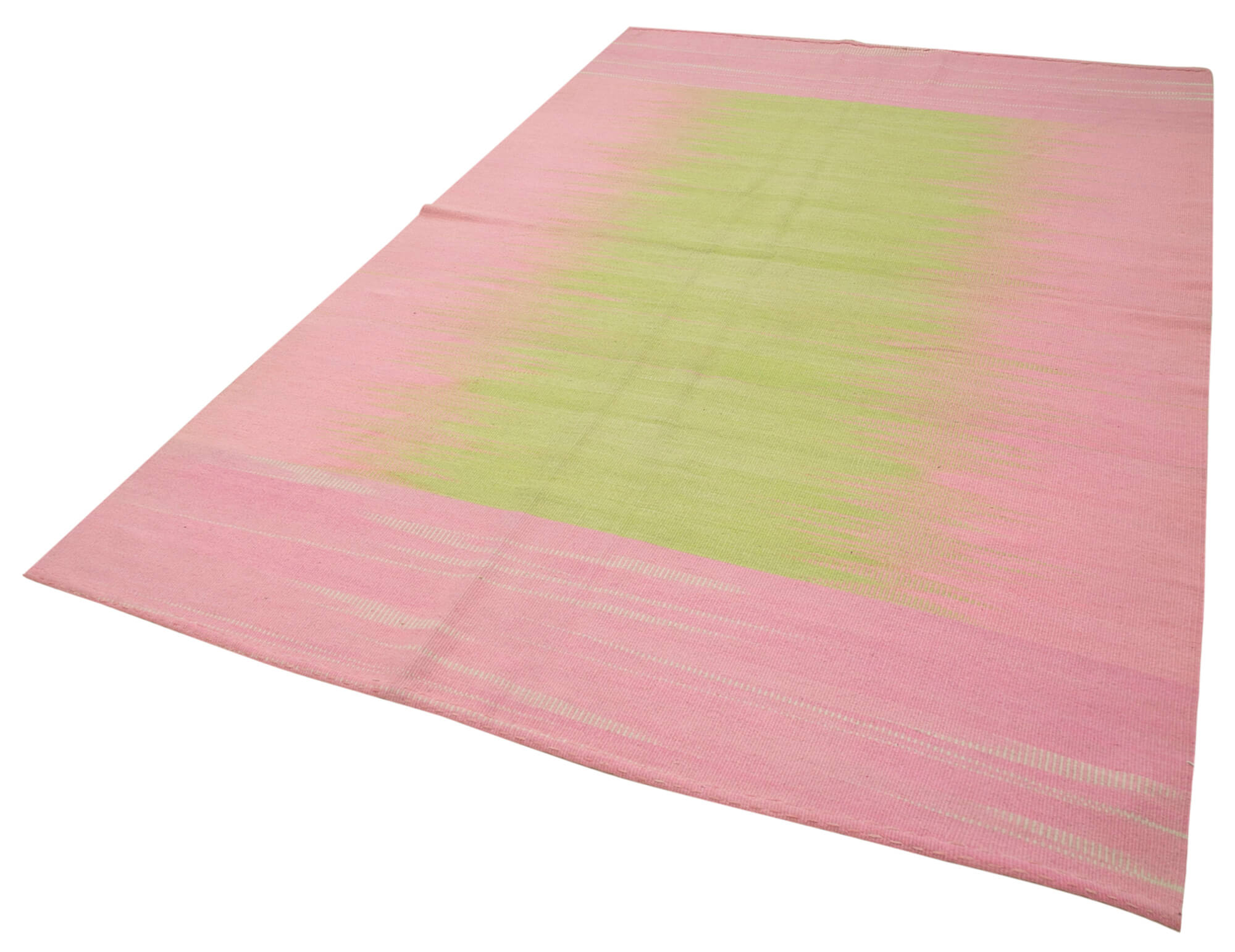 Handmade Cotton Wool Rug - Pink Striped Turkish Kilim Carpet 5'10''x9'4''