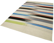 Handmade Cotton Wool Rug – White Striped Vintage Area Rug 6'x9'2'' | Turkish Kilim Carpet