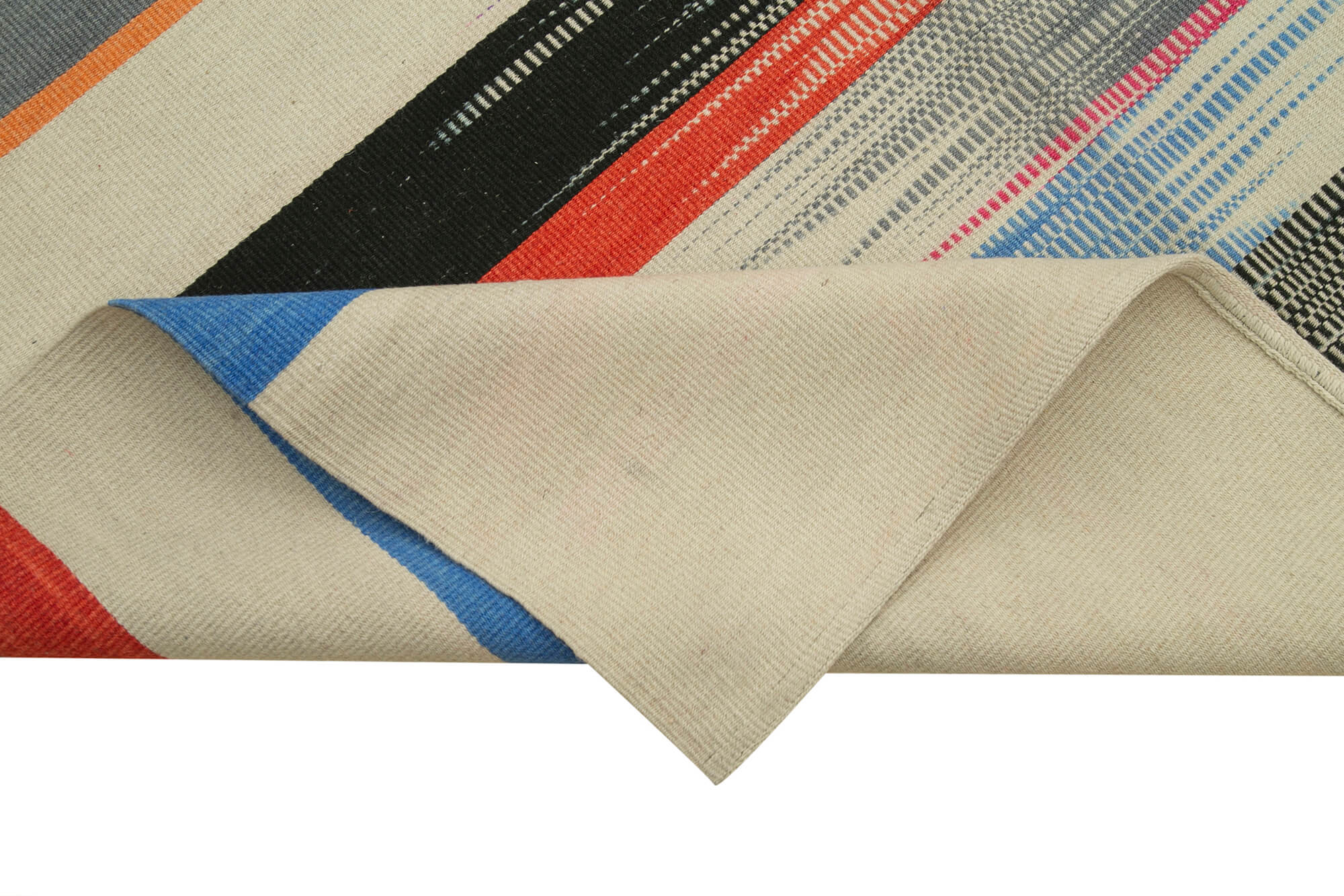 Handmade Cotton Wool Rug – White Striped Vintage Area Rug 6'x9'2'' | Turkish Kilim Carpet