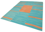 Handmade Area Rug – Turquoise Striped Vintage Kilim Cotton Wool Carpet 6'9''x9'4''