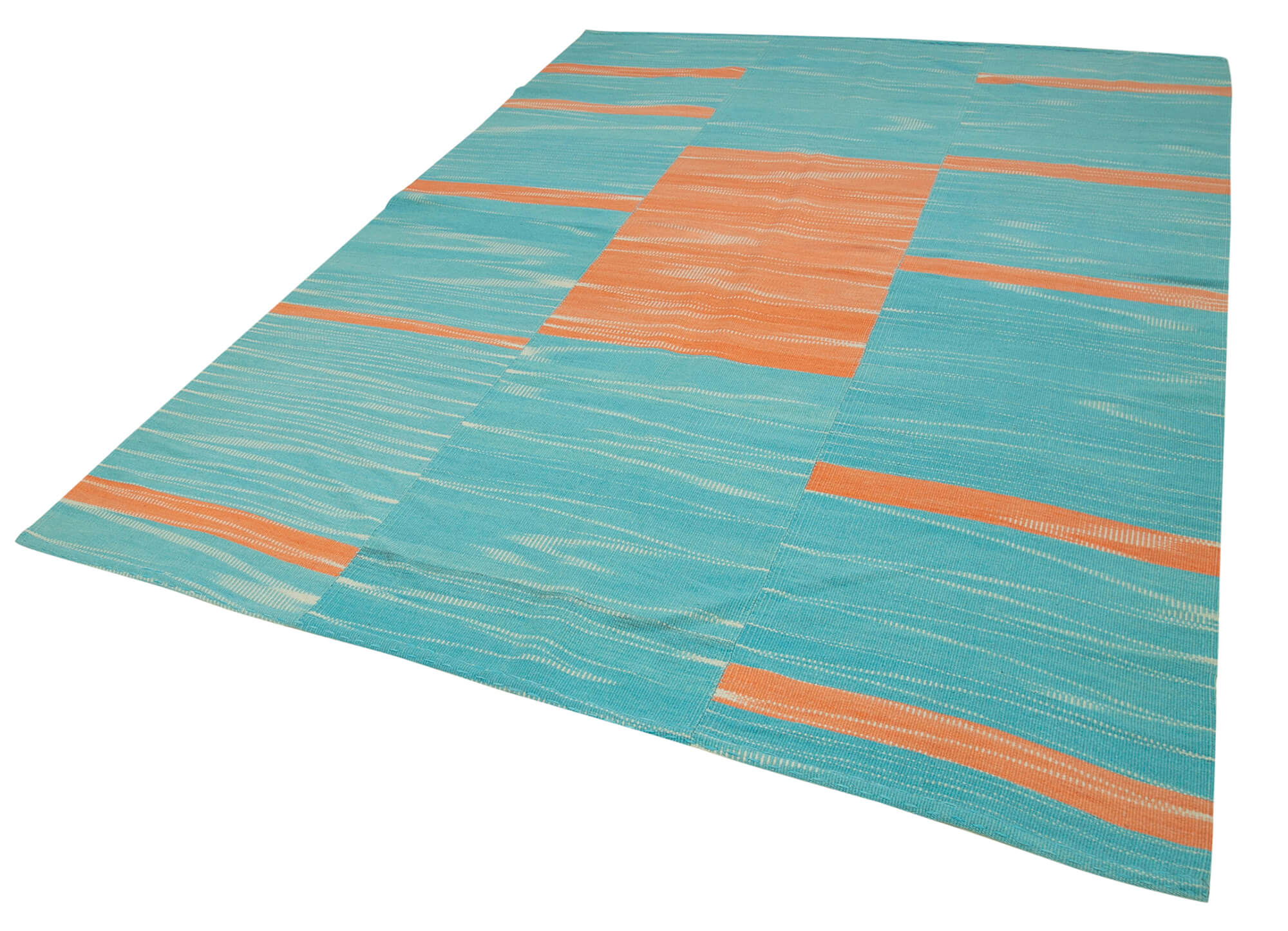 Handmade Area Rug – Turquoise Striped Vintage Kilim Cotton Wool Carpet 6'9''x9'4''