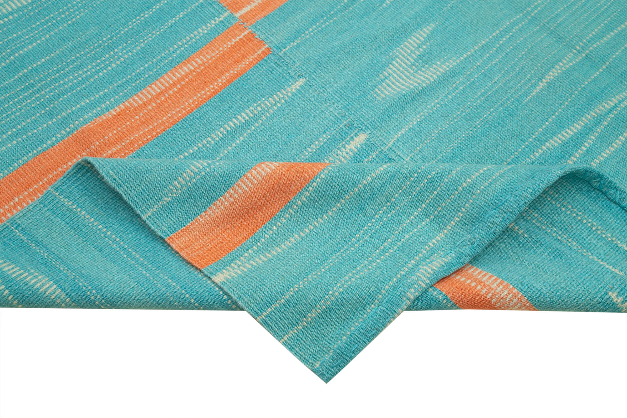 Handmade Area Rug – Turquoise Striped Vintage Kilim Cotton Wool Carpet 6'9''x9'4''