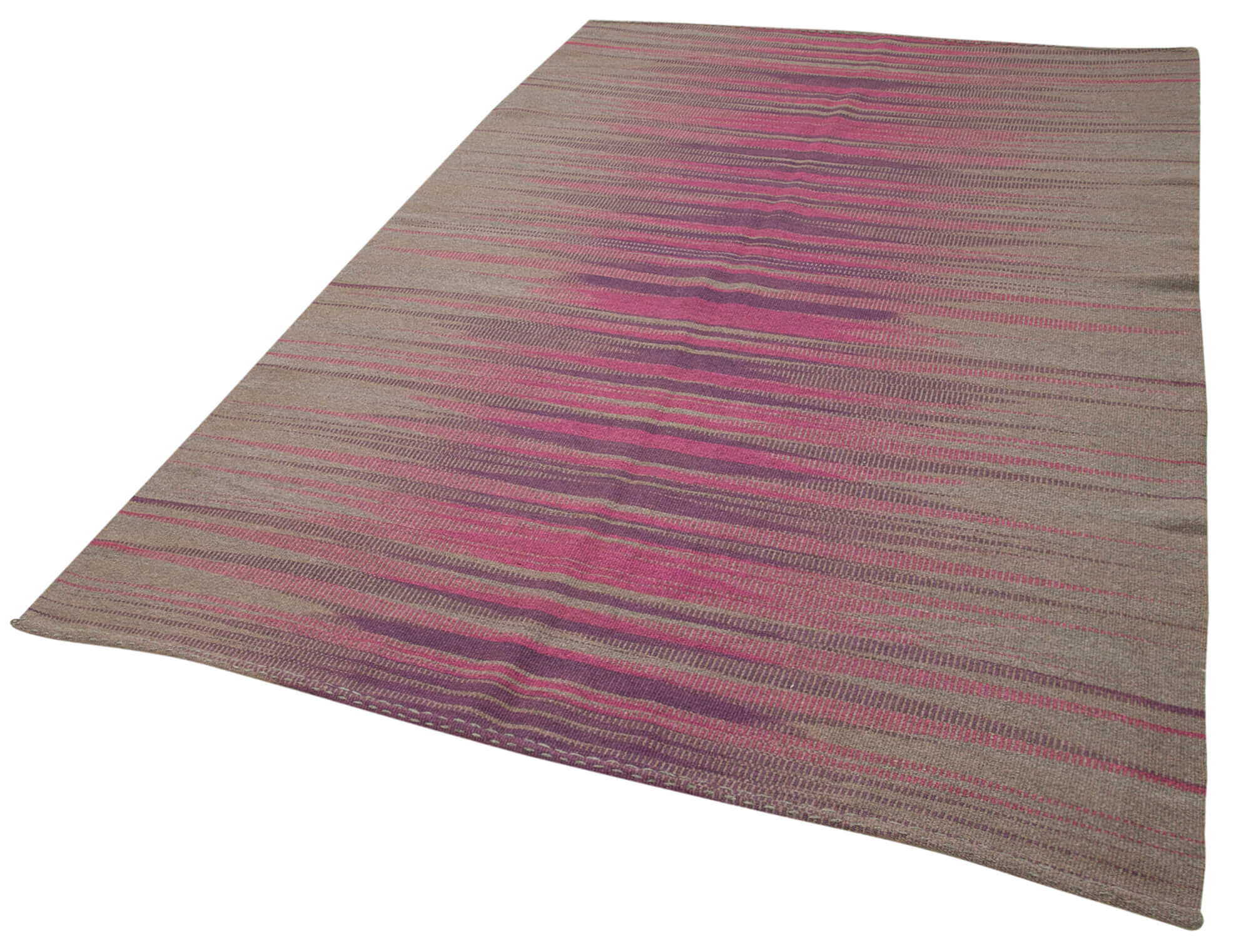 Handmade Cotton Wool Rug – Brown Striped Turkish Kilim Carpet 5'10"x8'4"