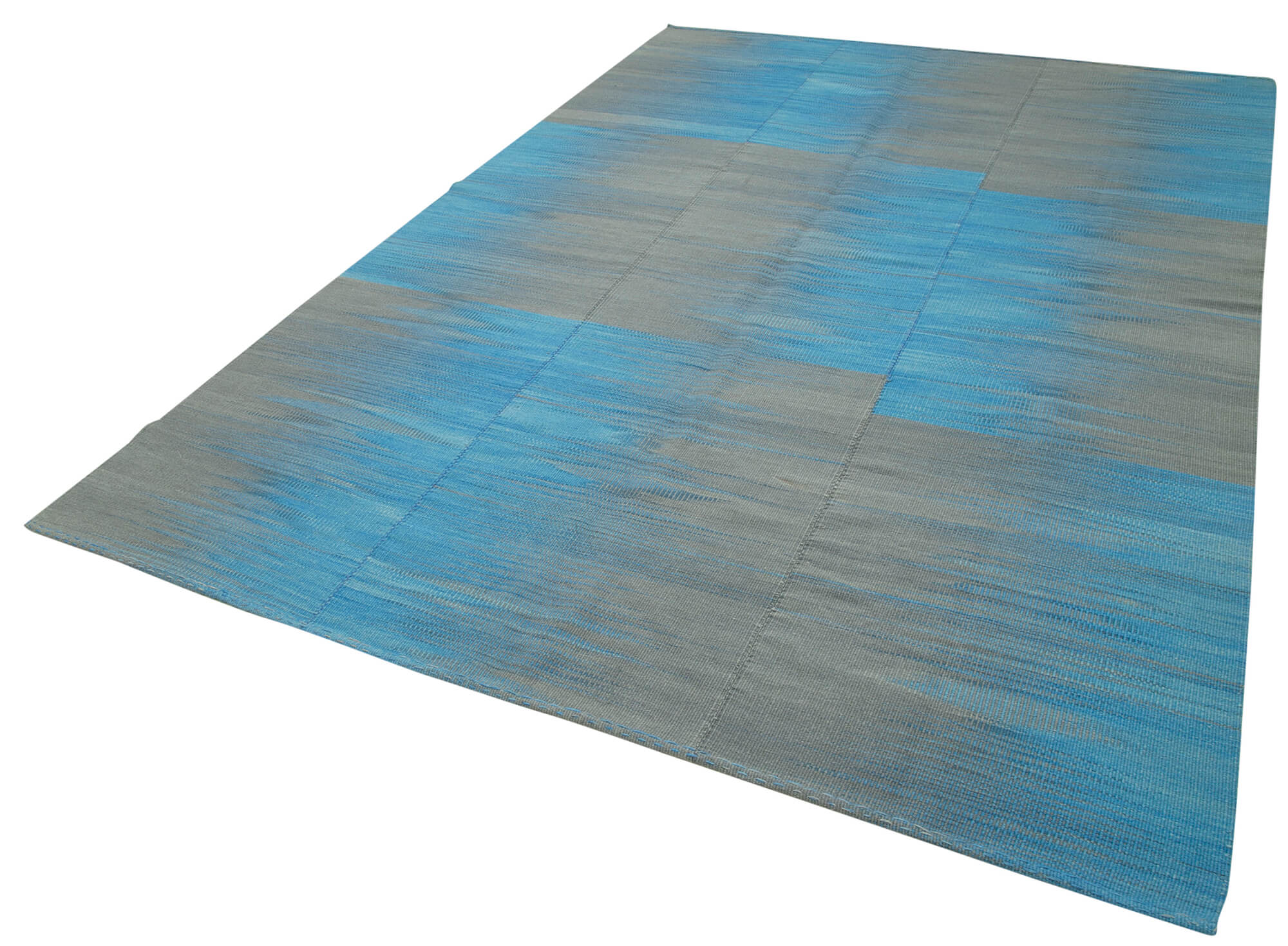 Handmade Area Rug - Blue Striped Cotton Wool Kilim Carpet 6'11''x10'2'' Durable Natural Fiber