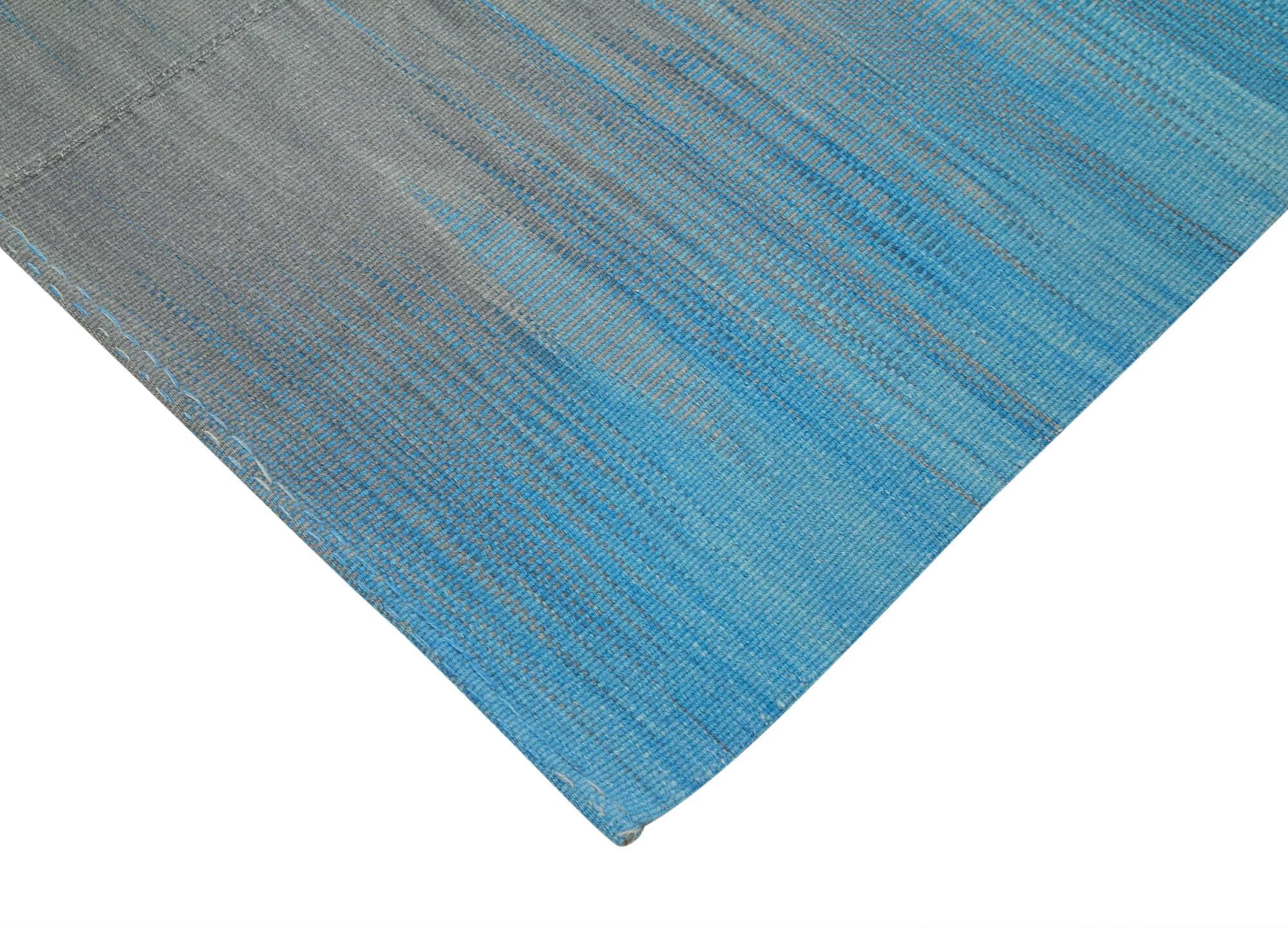 Handmade Area Rug - Blue Striped Cotton Wool Kilim Carpet 6'11''x10'2'' Durable Natural Fiber