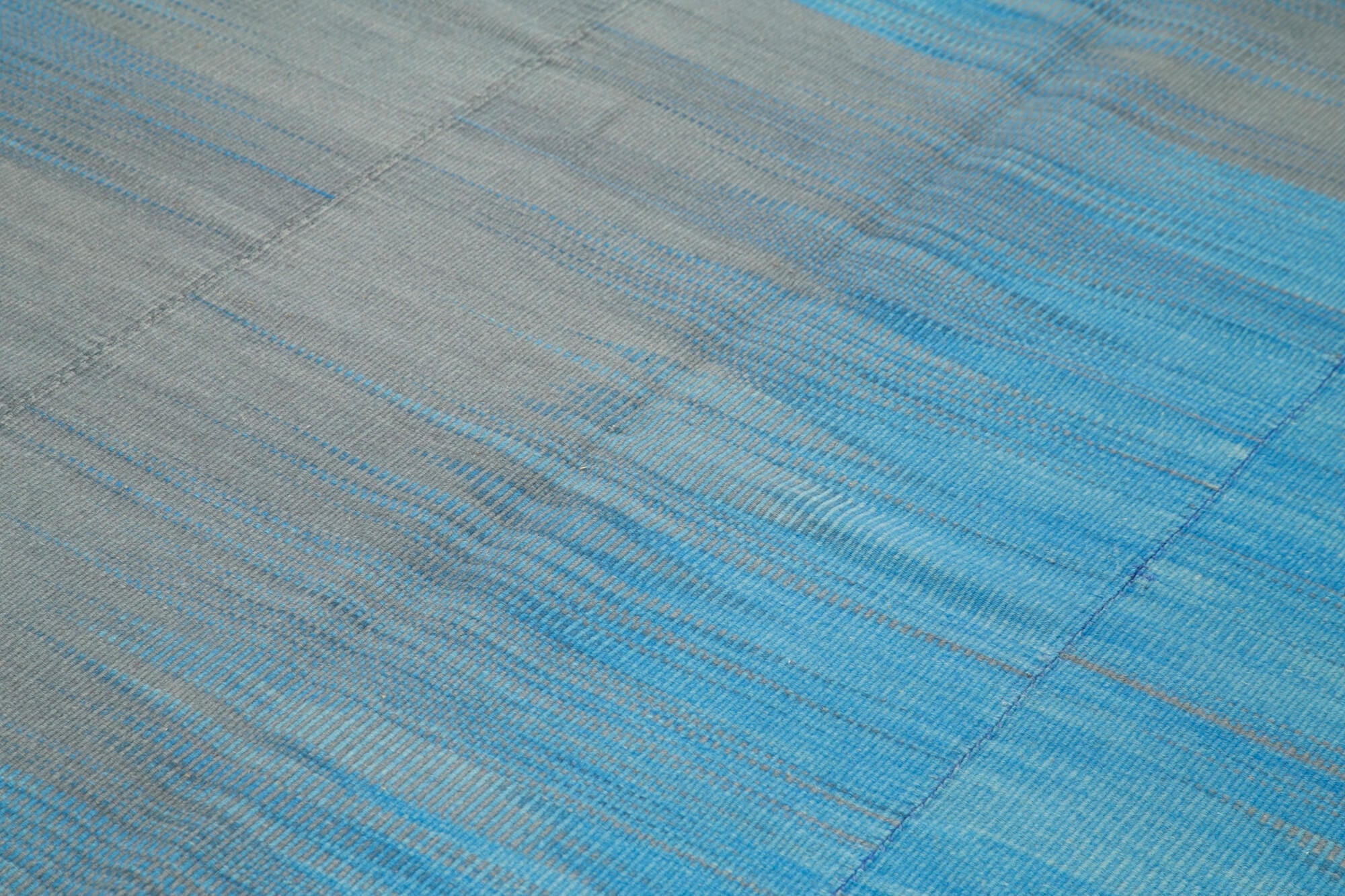 Handmade Area Rug - Blue Striped Cotton Wool Kilim Carpet 6'11''x10'2'' Durable Natural Fiber