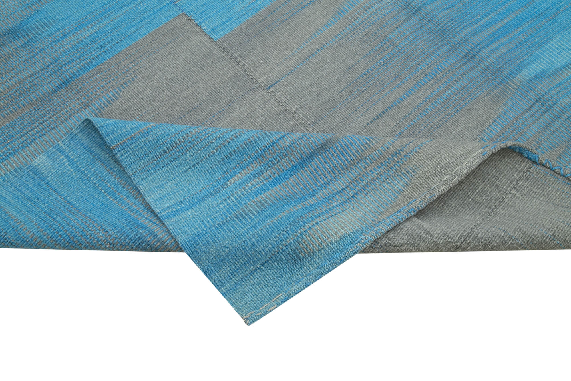 Handmade Area Rug - Blue Striped Cotton Wool Kilim Carpet 6'11''x10'2'' Durable Natural Fiber
