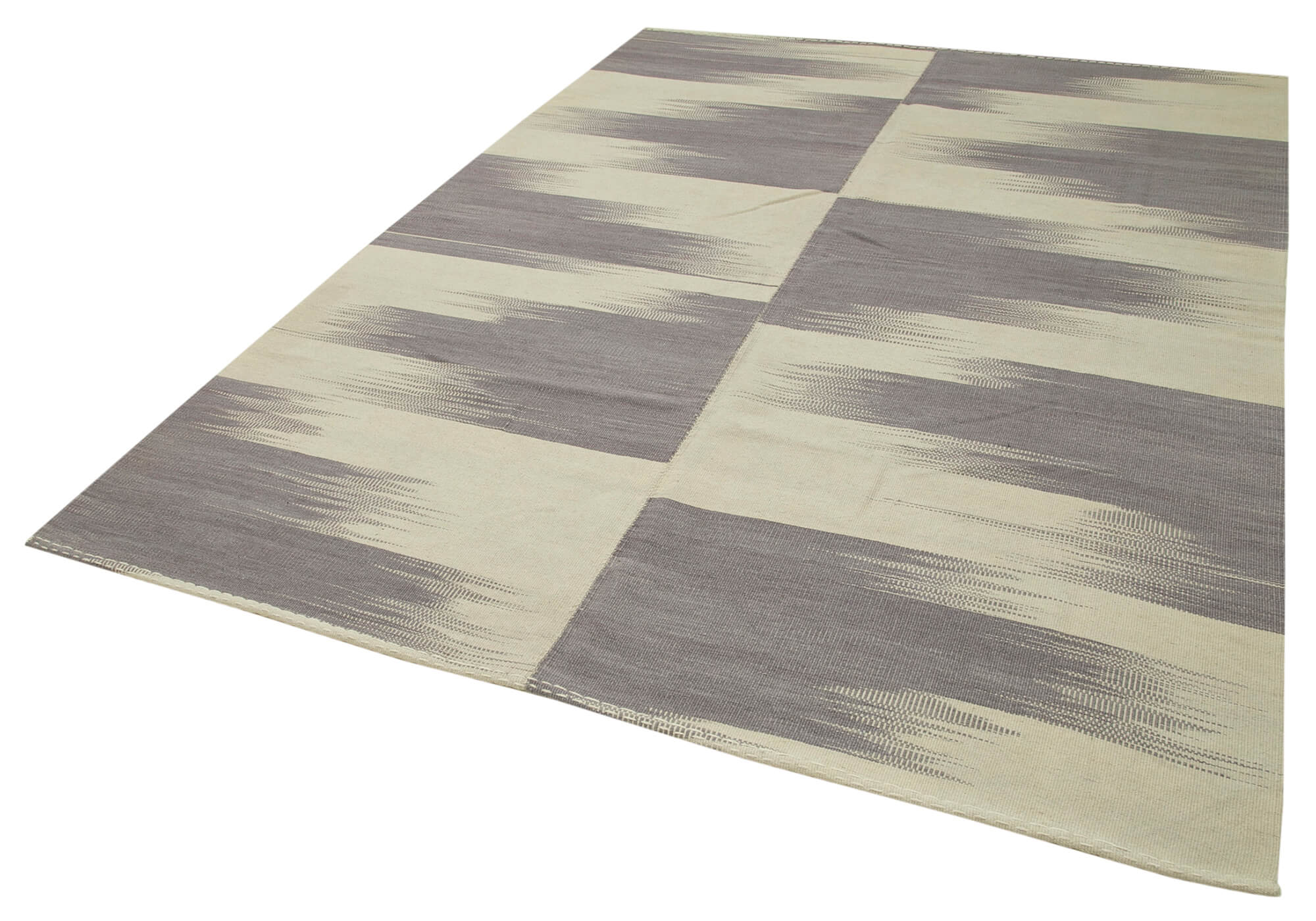 Handmade Cotton Wool Rug | Turkish Hand Knotted Carpet – Beige Striped Vintage Kilim Area Rug 6'7''x9'1''