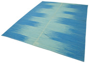 Handmade Area Rug - Blue Striped Kilim Cotton Wool Vintage Turkish Carpet 6'10"x8'9"