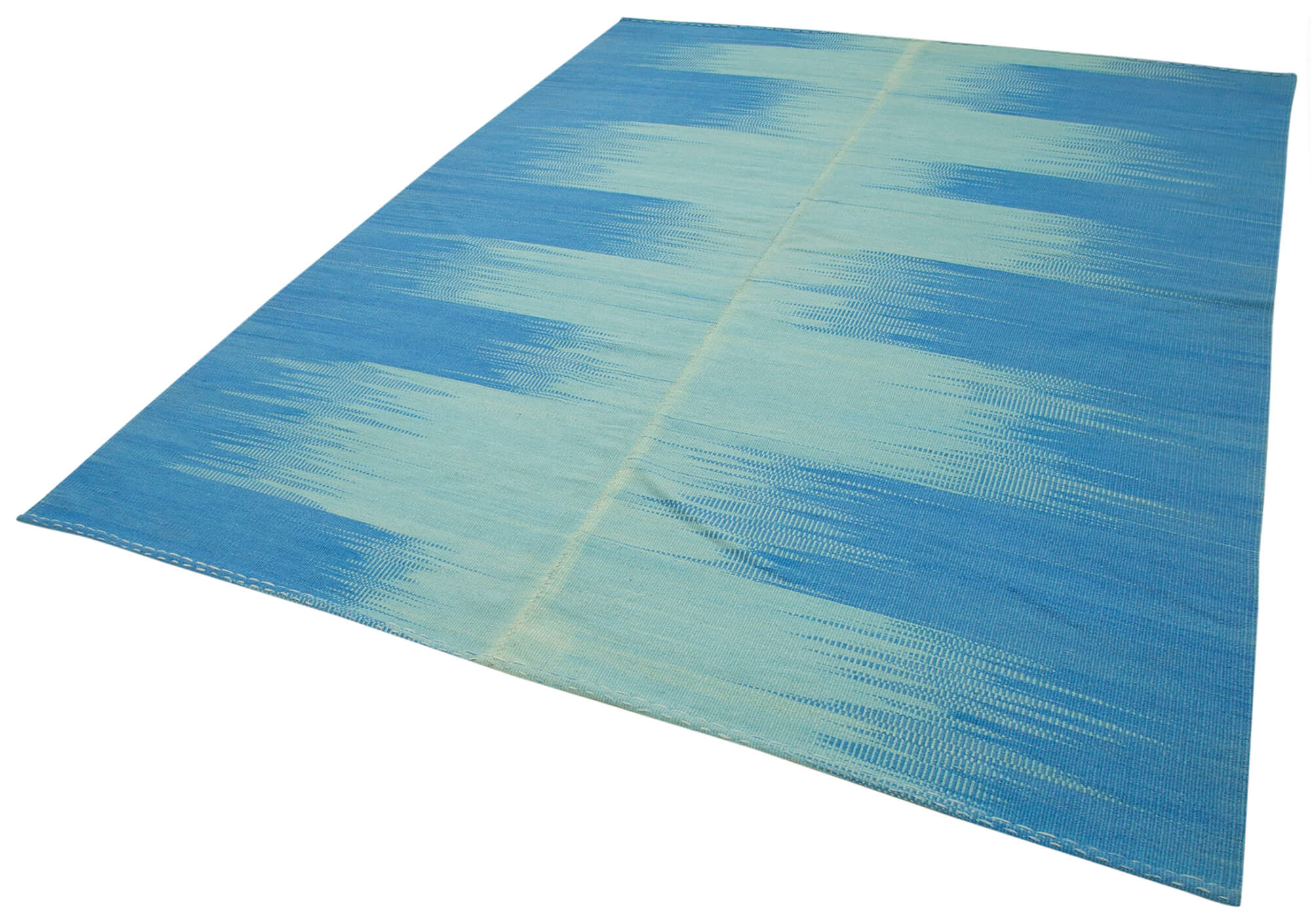 Handmade Area Rug - Blue Striped Kilim Cotton Wool Vintage Turkish Carpet 6'10"x8'9"
