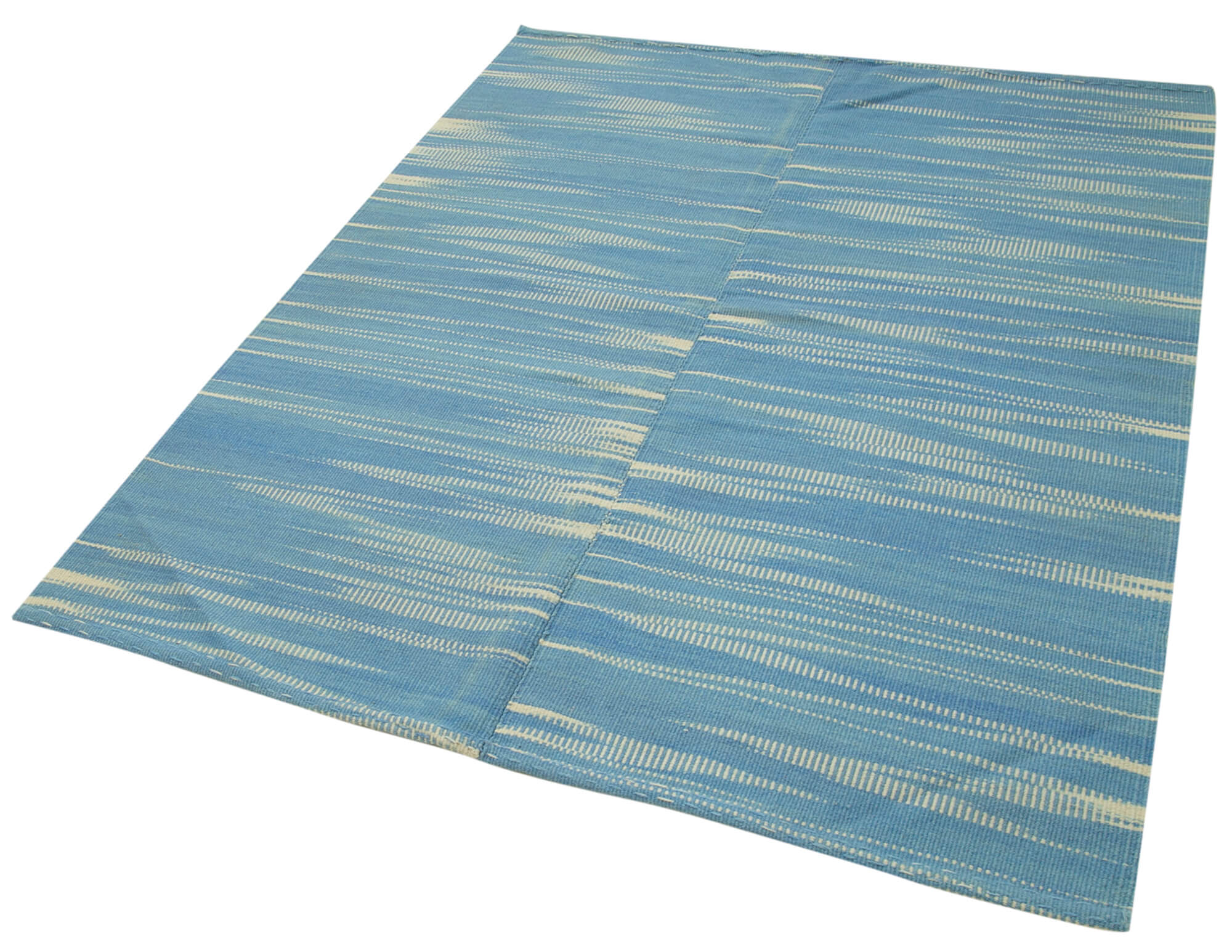 Handmade Area Rug - Blue Striped Kilim Cotton Wool Vintage Carpet 4'8''x5'10''