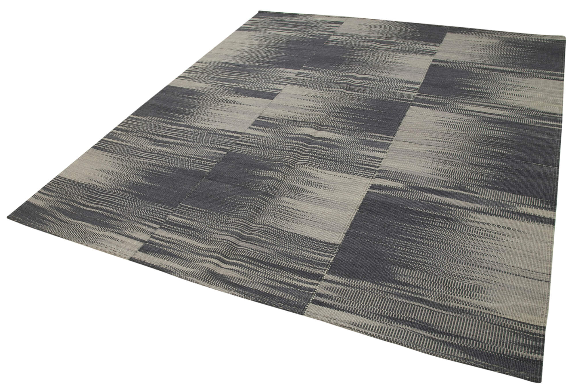 Handmade Area Rug – Grey Striped Kilim Cotton Wool Carpet 6'11''x8'1''