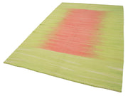 Handmade Area Rug - Green Striped Cotton Wool Kilim 5x9 Vintage Turkish Carpet