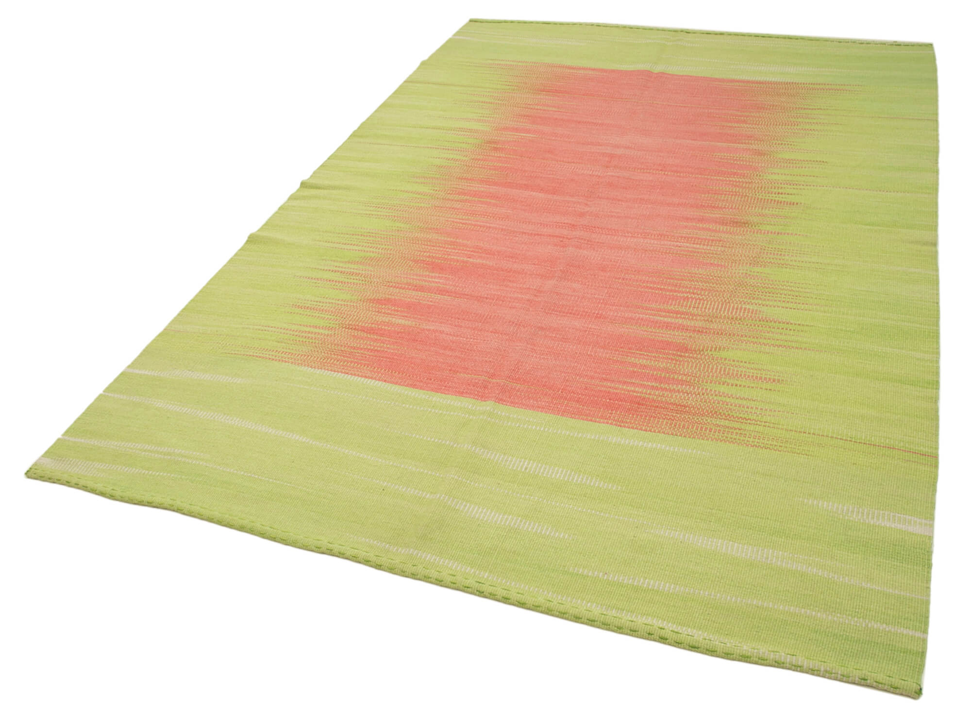 Handmade Area Rug - Green Striped Cotton Wool Kilim 5x9 Vintage Turkish Carpet