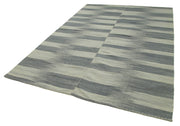 Handmade Cotton Wool Rug - Grey Striped Kilim, Vintage Turkish Carpet 6'7''x9'5''