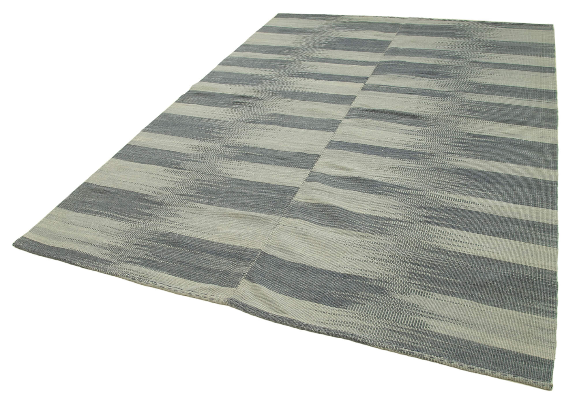 Handmade Cotton Wool Rug - Grey Striped Kilim, Vintage Turkish Carpet 6'7''x9'5''
