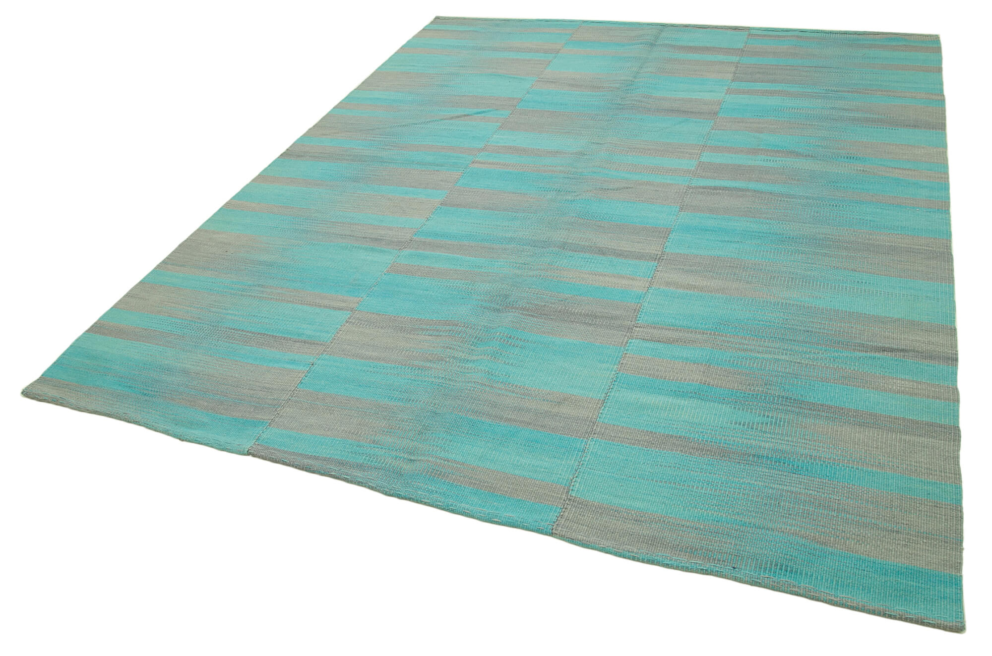 Handmade Area Rug – Turquoise Striped Vintage Turkish Kilim Carpet 7'1''x8'6''