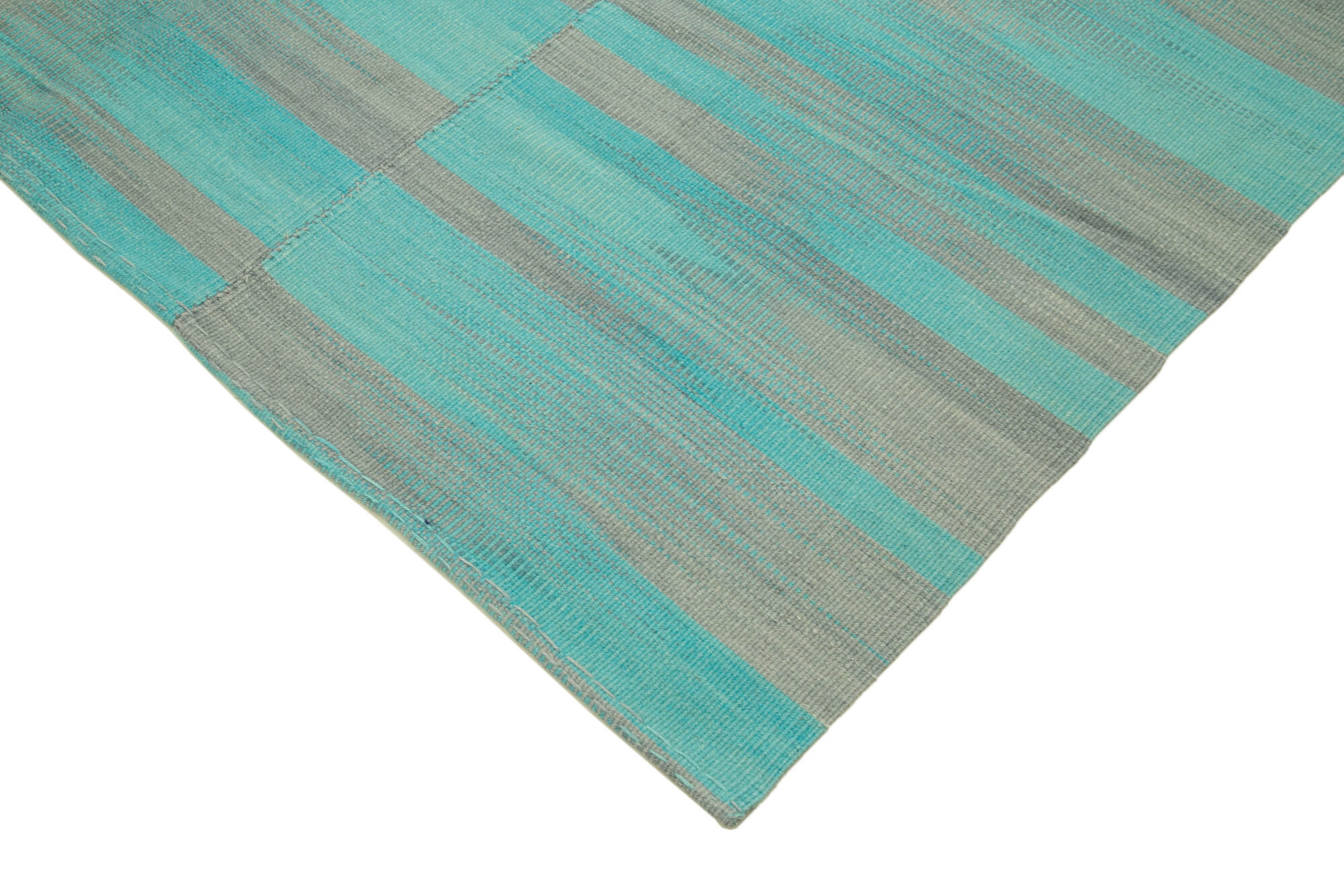 Handmade Area Rug – Turquoise Striped Vintage Turkish Kilim Carpet 7'1''x8'6''