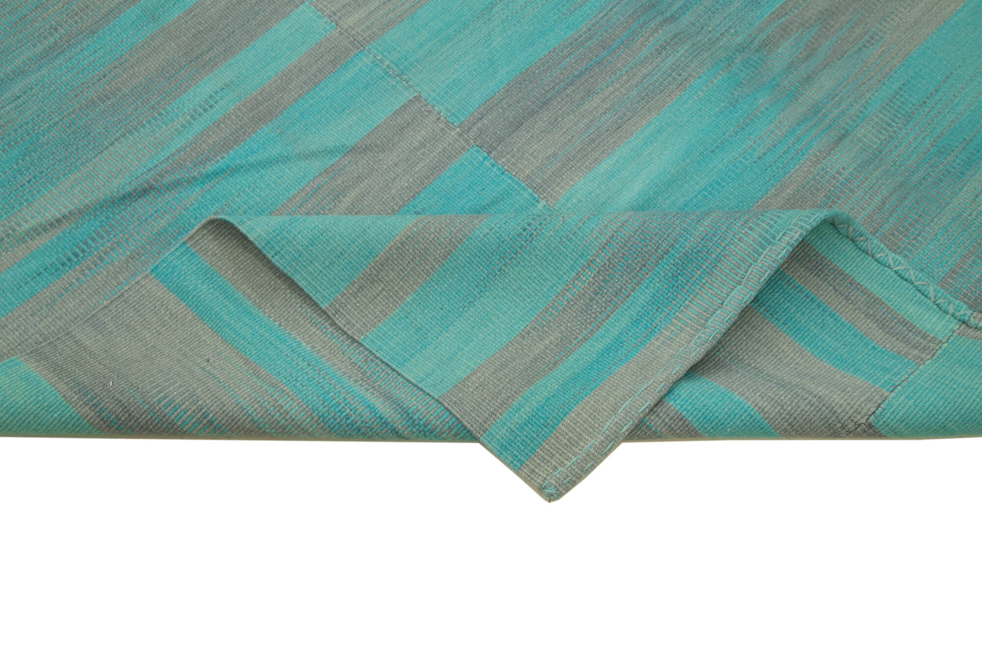 Handmade Area Rug – Turquoise Striped Vintage Turkish Kilim Carpet 7'1''x8'6''