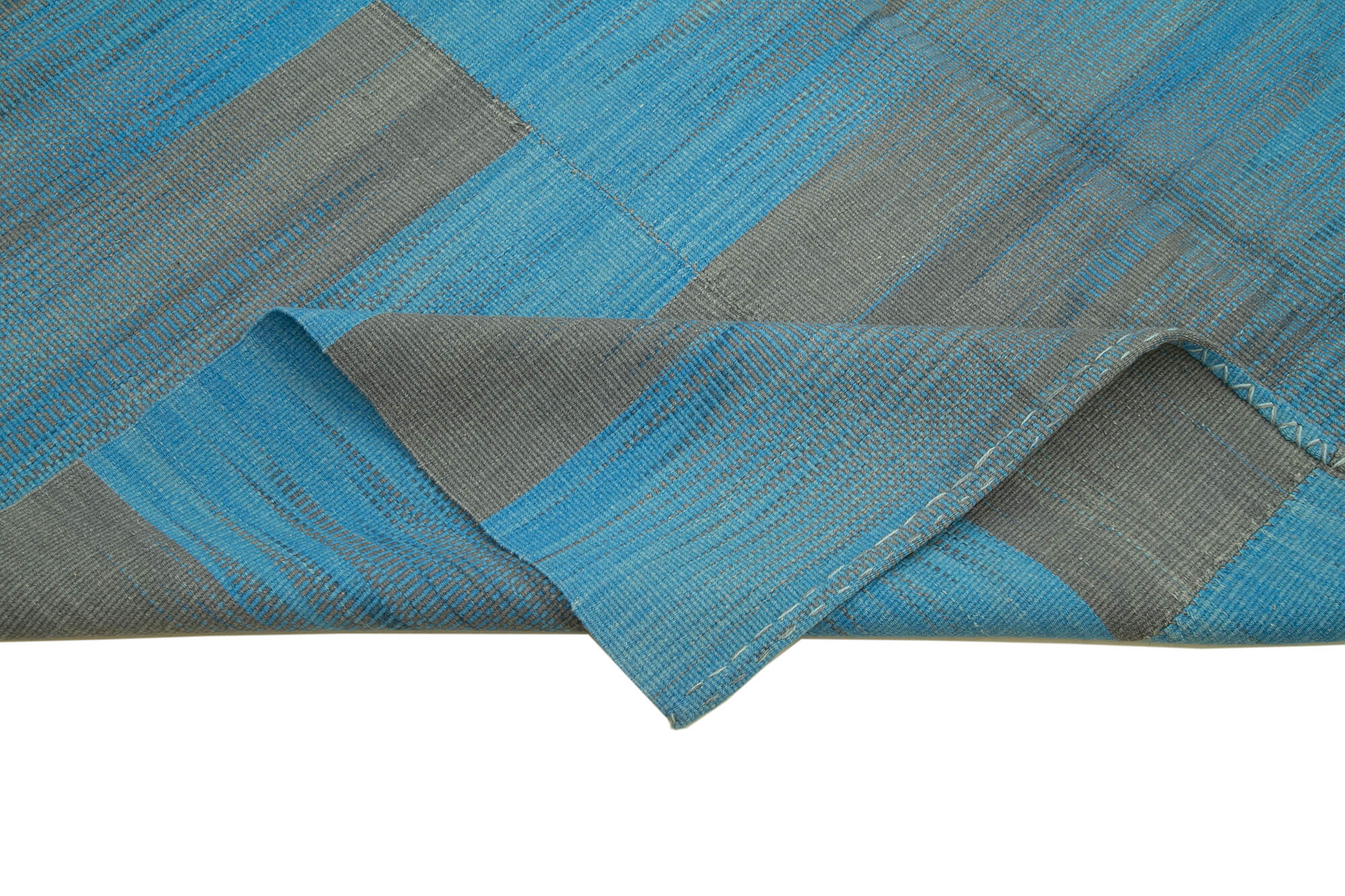 Handmade Area Rug – Blue Striped Kilim Cotton Wool Carpet 7'1''x9'3'' Soft Texture