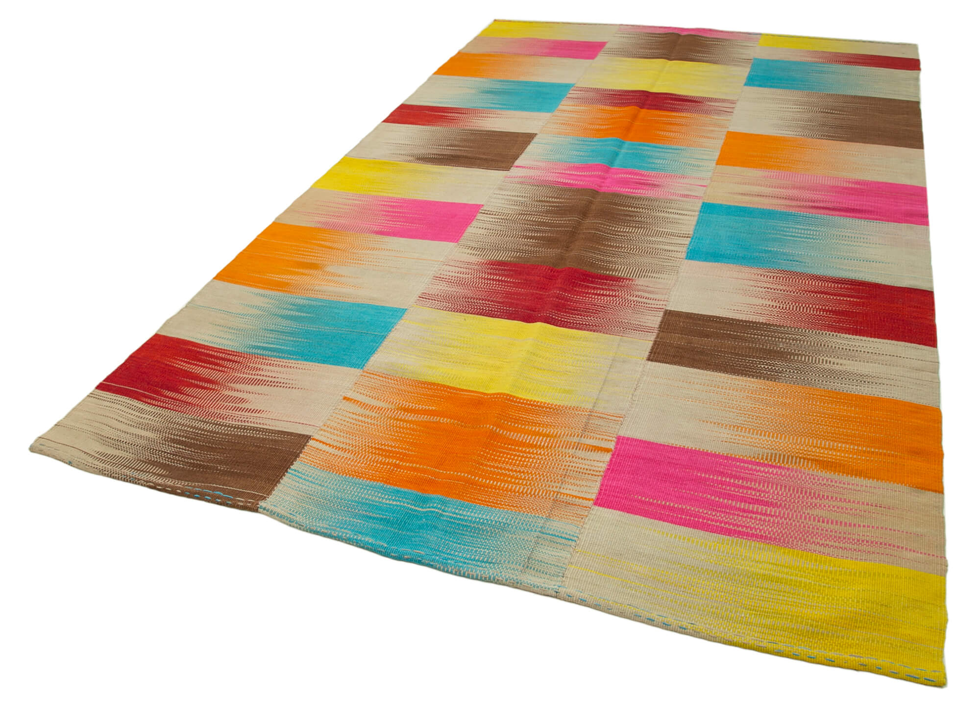 Handmade Area Rug – White Striped Cotton Wool Kilim, Soft Durable Floor Covering 6'6"x11'8"