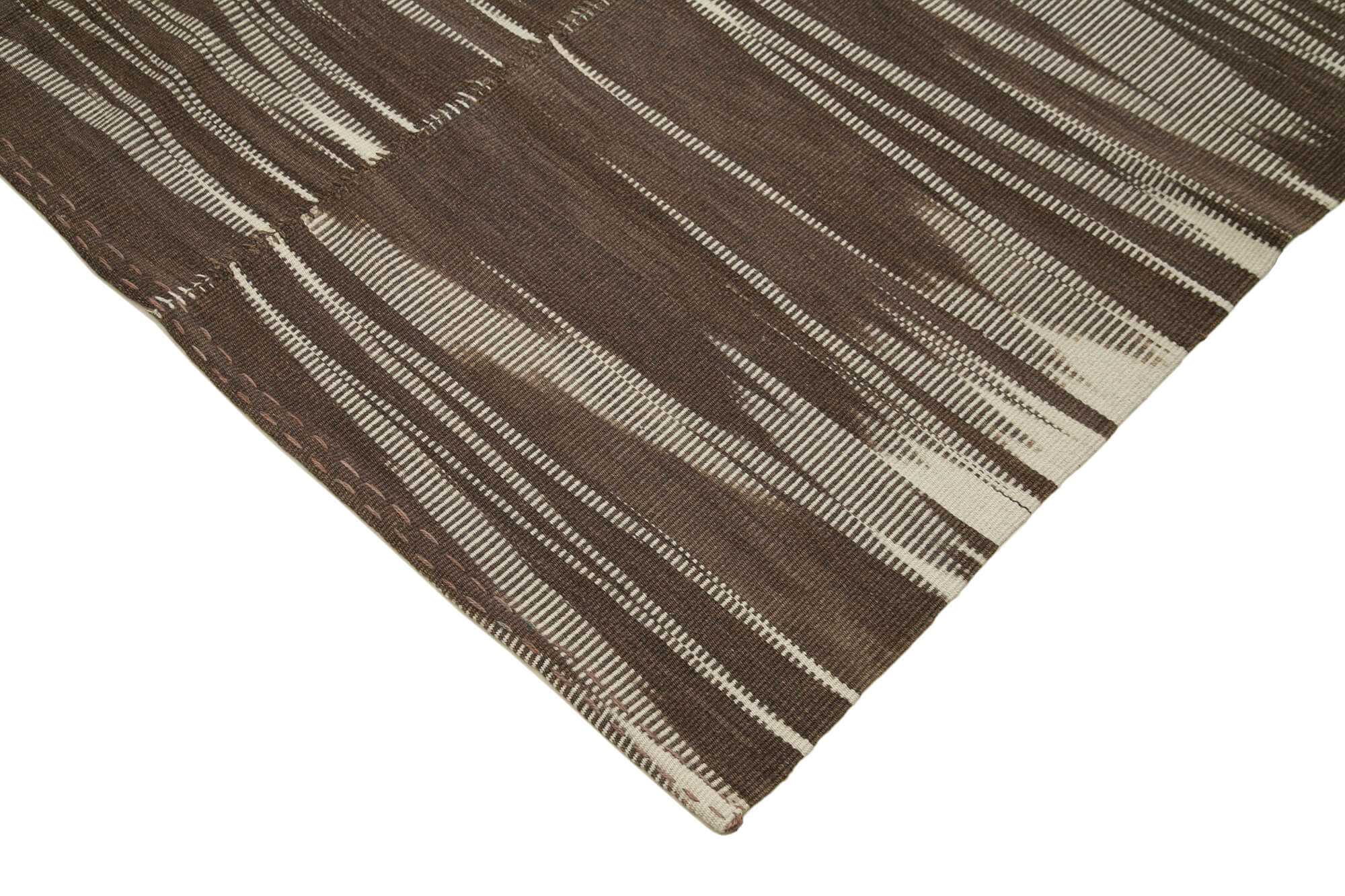 Handmade Area Rug – Vintage Kilim Brown Striped Cotton Wool Carpet 6x11