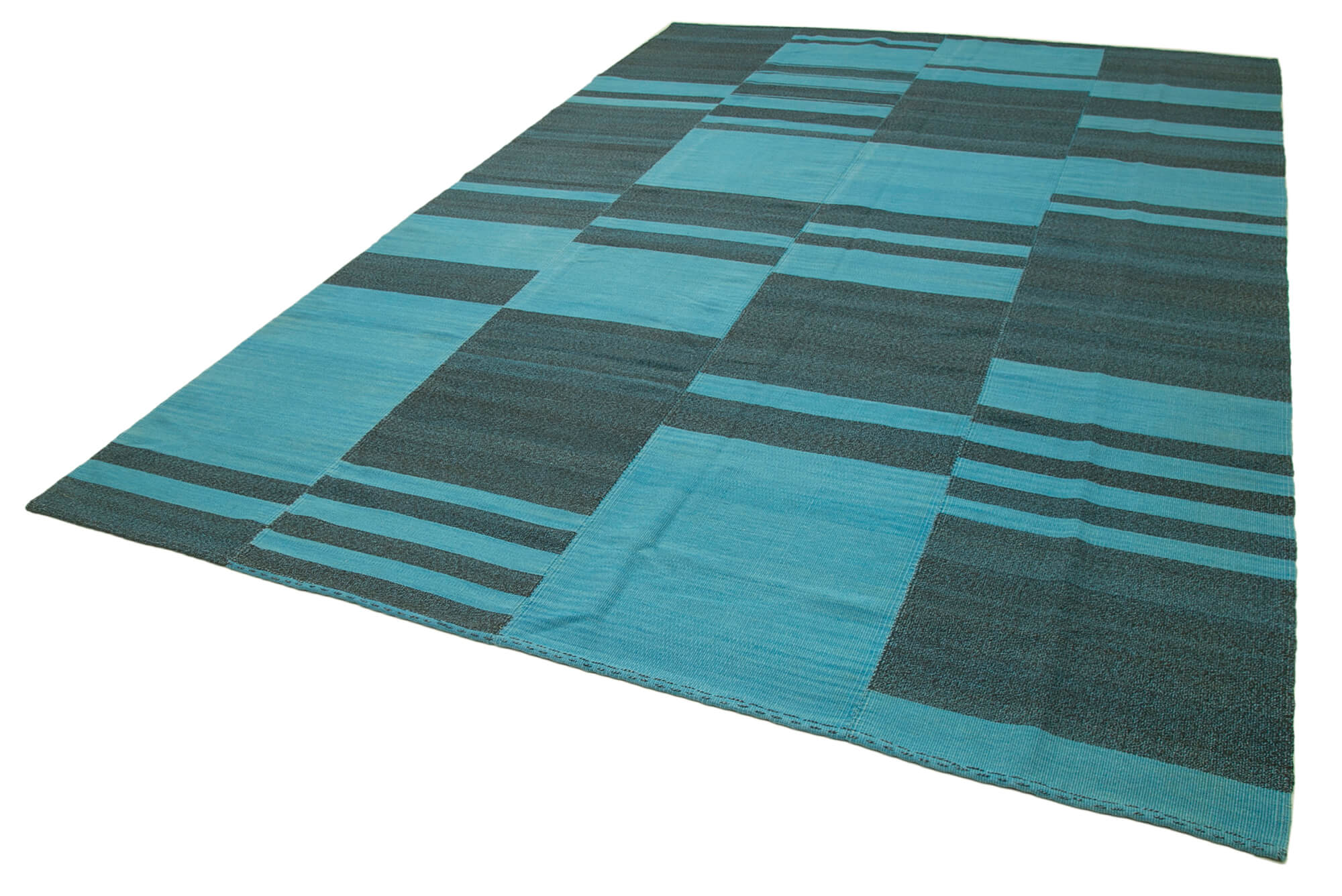 Handmade Area Rug - Turquoise Kilim Striped Cotton Wool Flat Weave Carpet 8'11"x13'7"