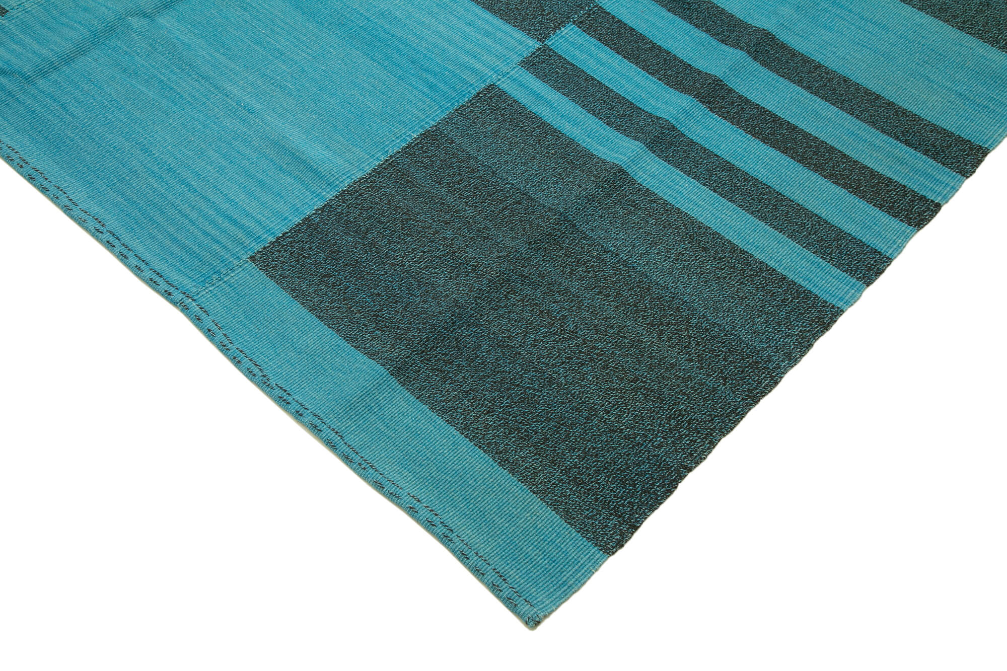 Handmade Area Rug - Turquoise Kilim Striped Cotton Wool Flat Weave Carpet 8'11"x13'7"