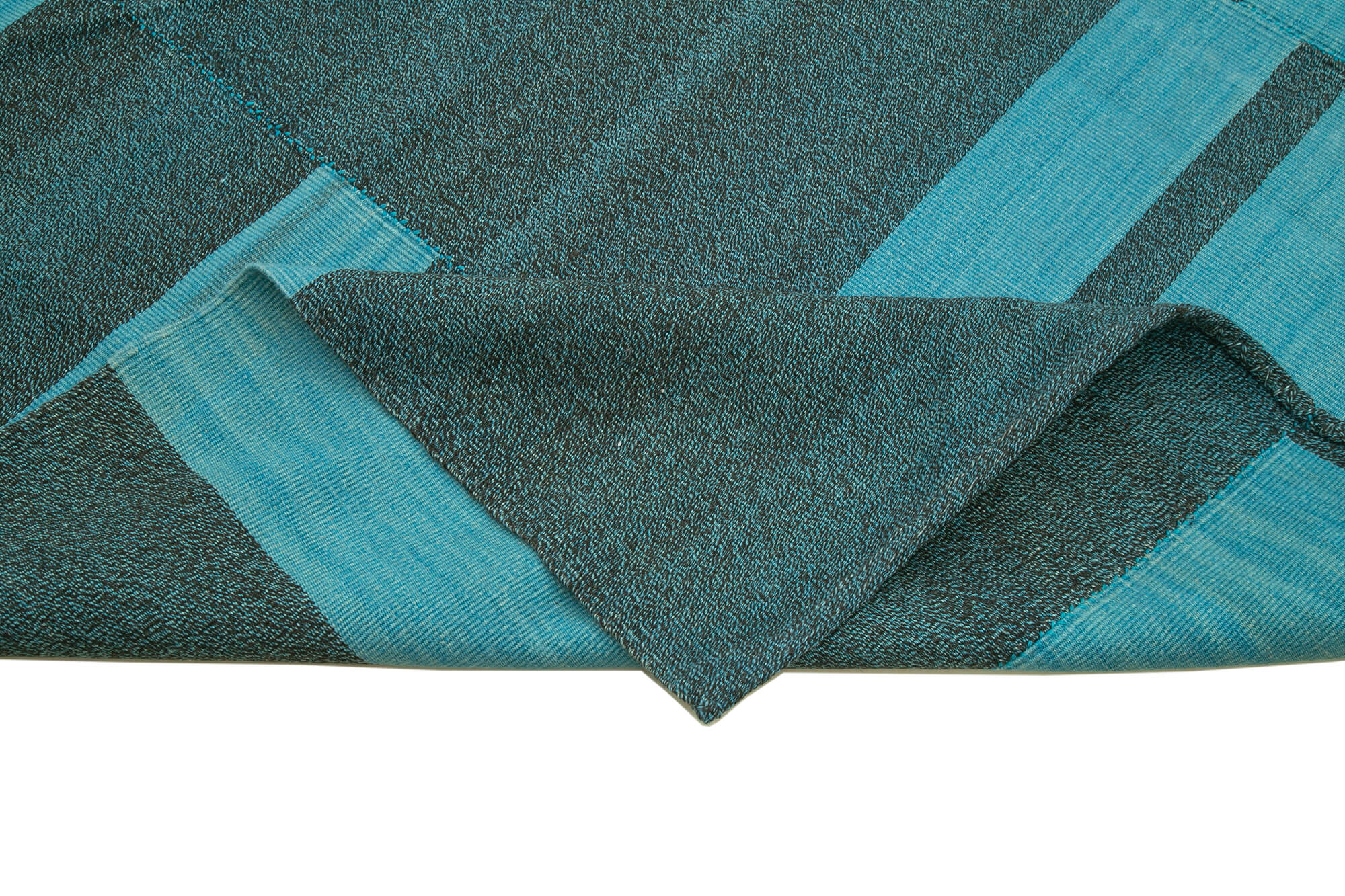 Handmade Area Rug - Turquoise Kilim Striped Cotton Wool Flat Weave Carpet 8'11"x13'7"
