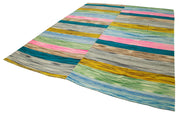Handmade Cotton Wool Rug - Vintage Turkish Carpet 9x12 | White Striped Bohemian Area Rug