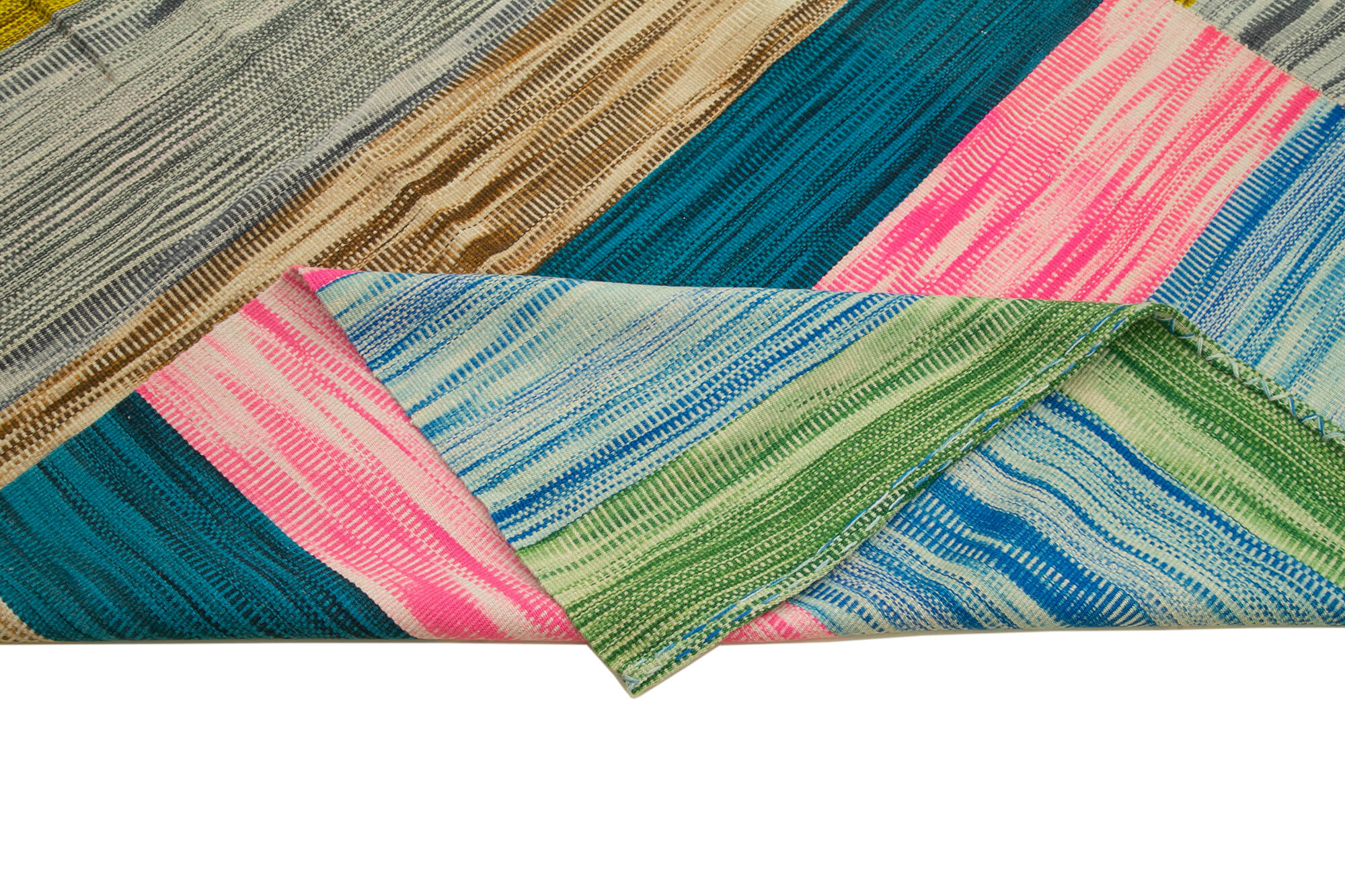 Handmade Cotton Wool Rug - Vintage Turkish Carpet 9x12 | White Striped Bohemian Area Rug