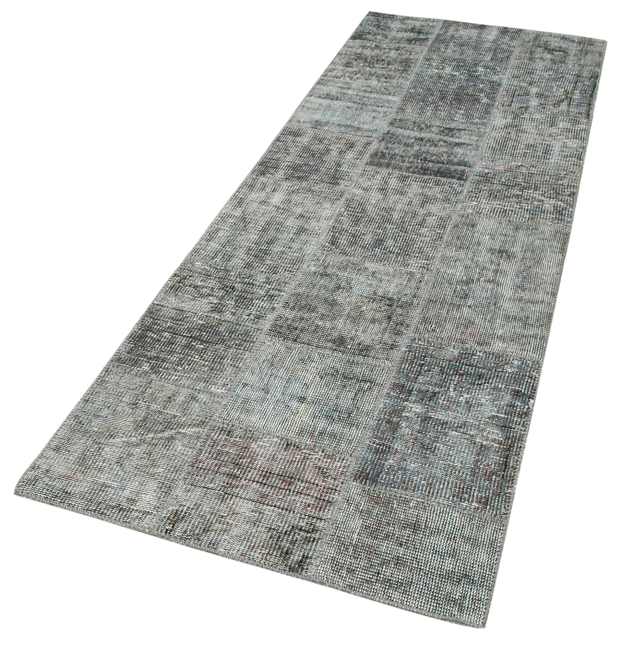 Handmade Wool Area Rug - Grey Patchwork Carpet | Durable Cotton Rug 2'9''x8'2''