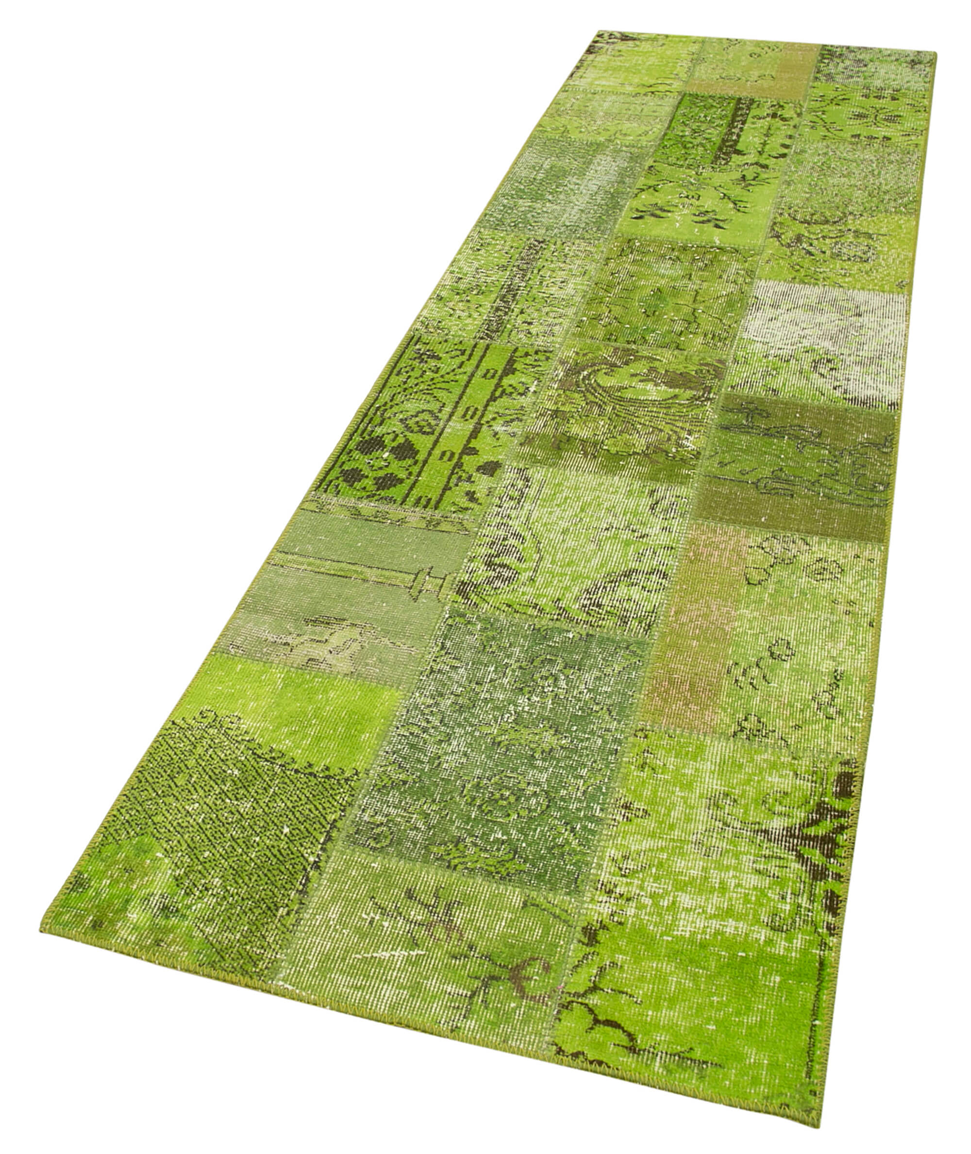 Handmade Area Rug - Kirk Yama Green Patchwork Cotton Wool Carpet 2'10''x9'11''