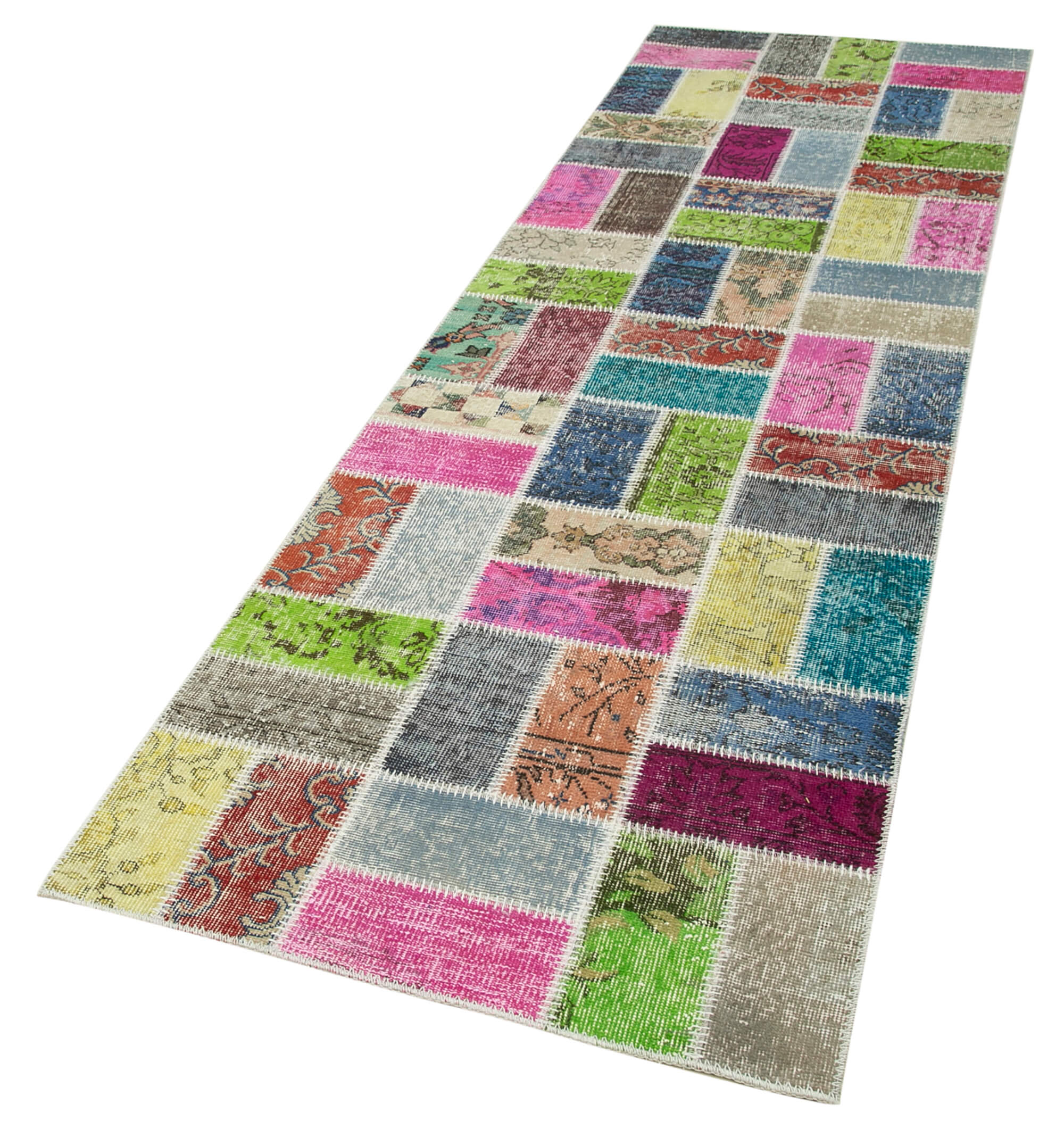 Handmade Area Rug - Blue Patchwork Cotton Wool Vintage Turkish Carpet 2'11''x9'10''