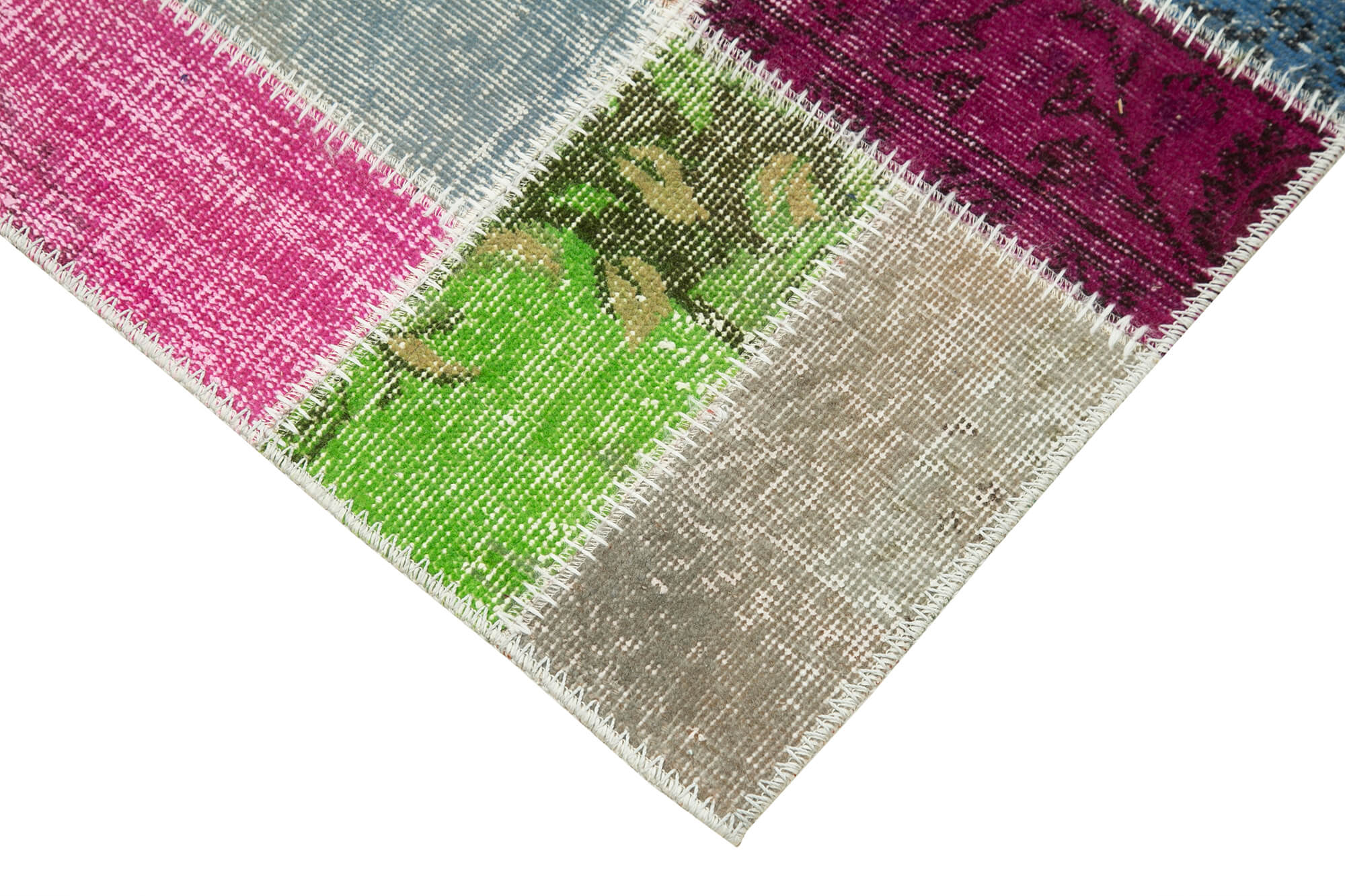 Handmade Area Rug - Blue Patchwork Cotton Wool Vintage Turkish Carpet 2'11''x9'10''