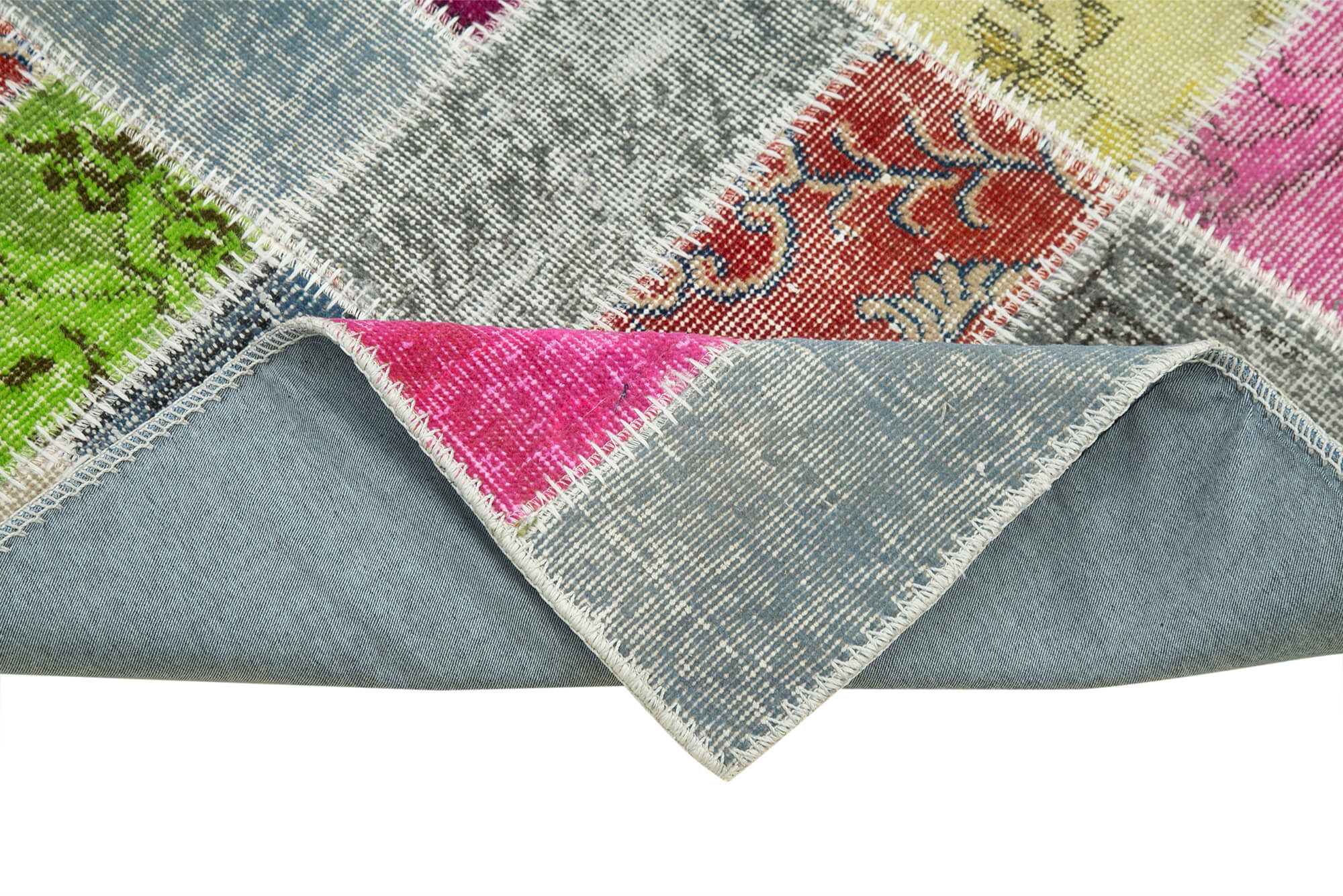 Handmade Area Rug - Blue Patchwork Cotton Wool Vintage Turkish Carpet 2'11''x9'10''
