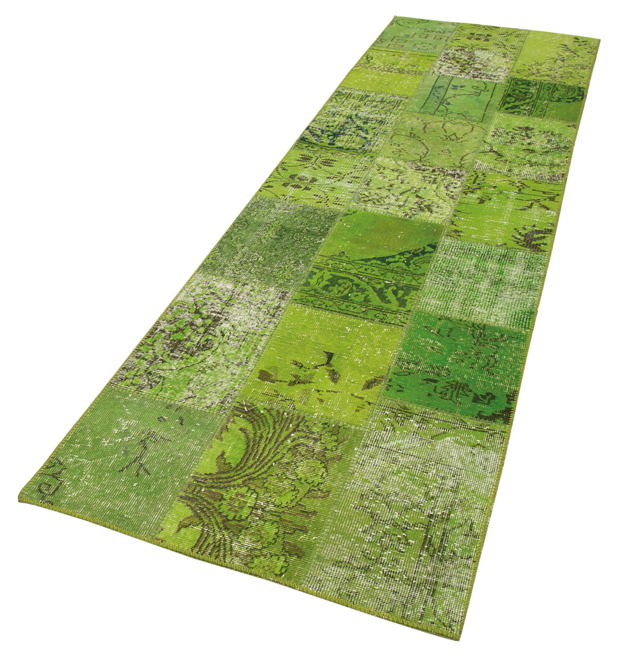 Handmade Area Rug - Green Patchwork Cotton Wool Turkish Wool Carpet 2'10'' x 9'10''