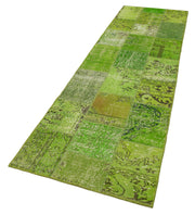 Handmade Area Rug – Green Patchwork Wool Cotton Carpet, Vintage Turkish Style 2'10''x10'