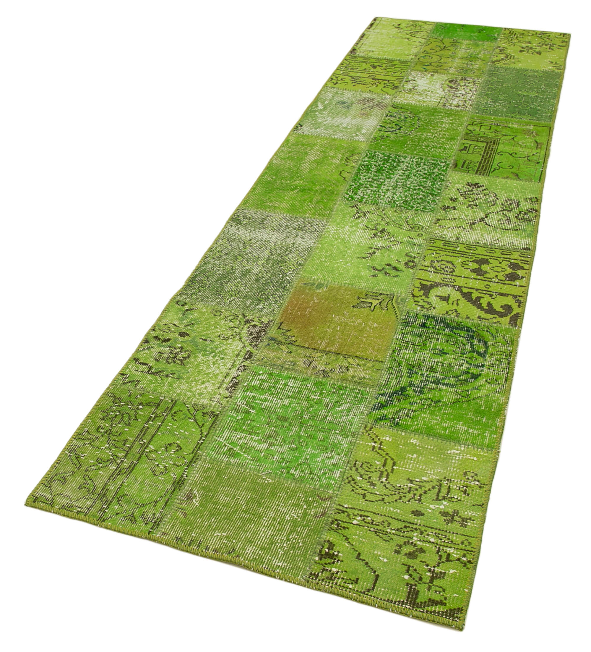 Handmade Area Rug – Green Patchwork Wool Cotton Carpet, Vintage Turkish Style 2'10''x10'