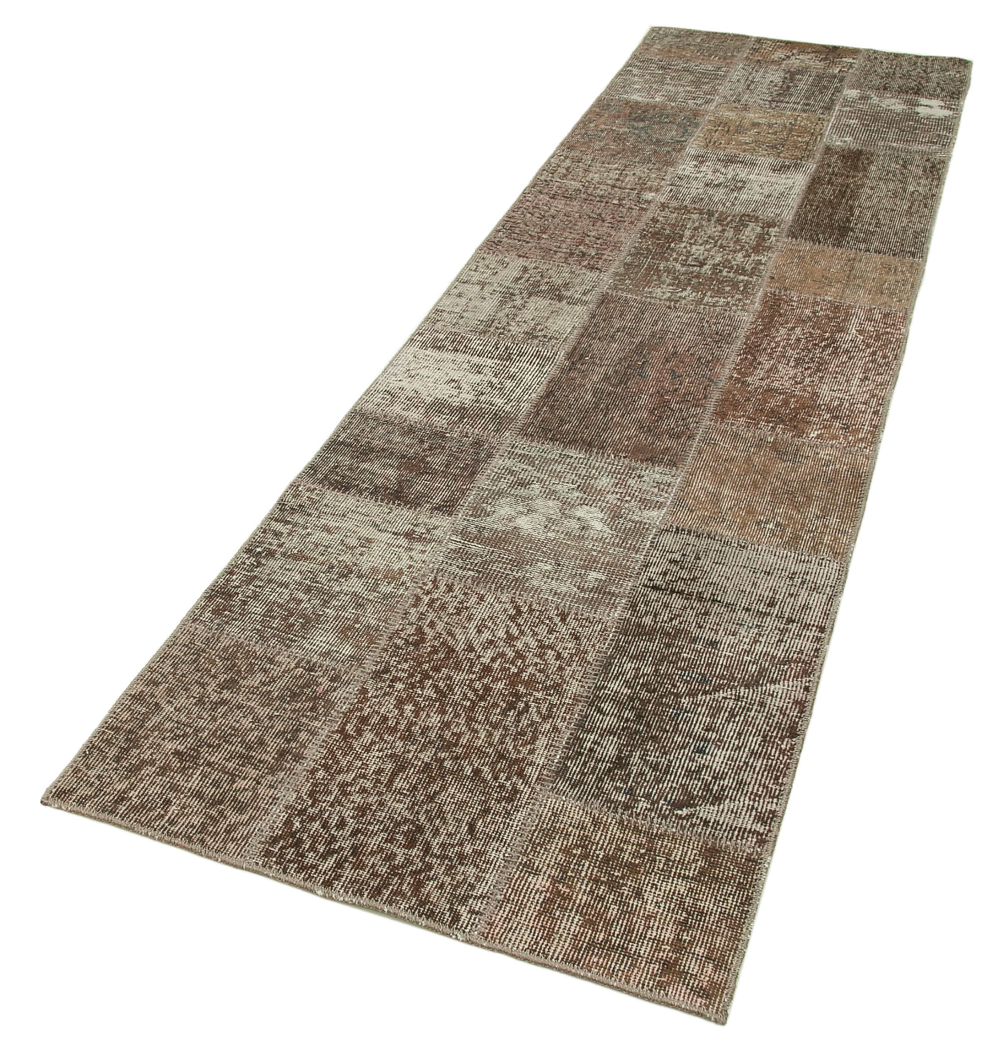 Handmade Patchwork Rug | Turkish Hand Knotted Brown Patchwork Carpet Runner