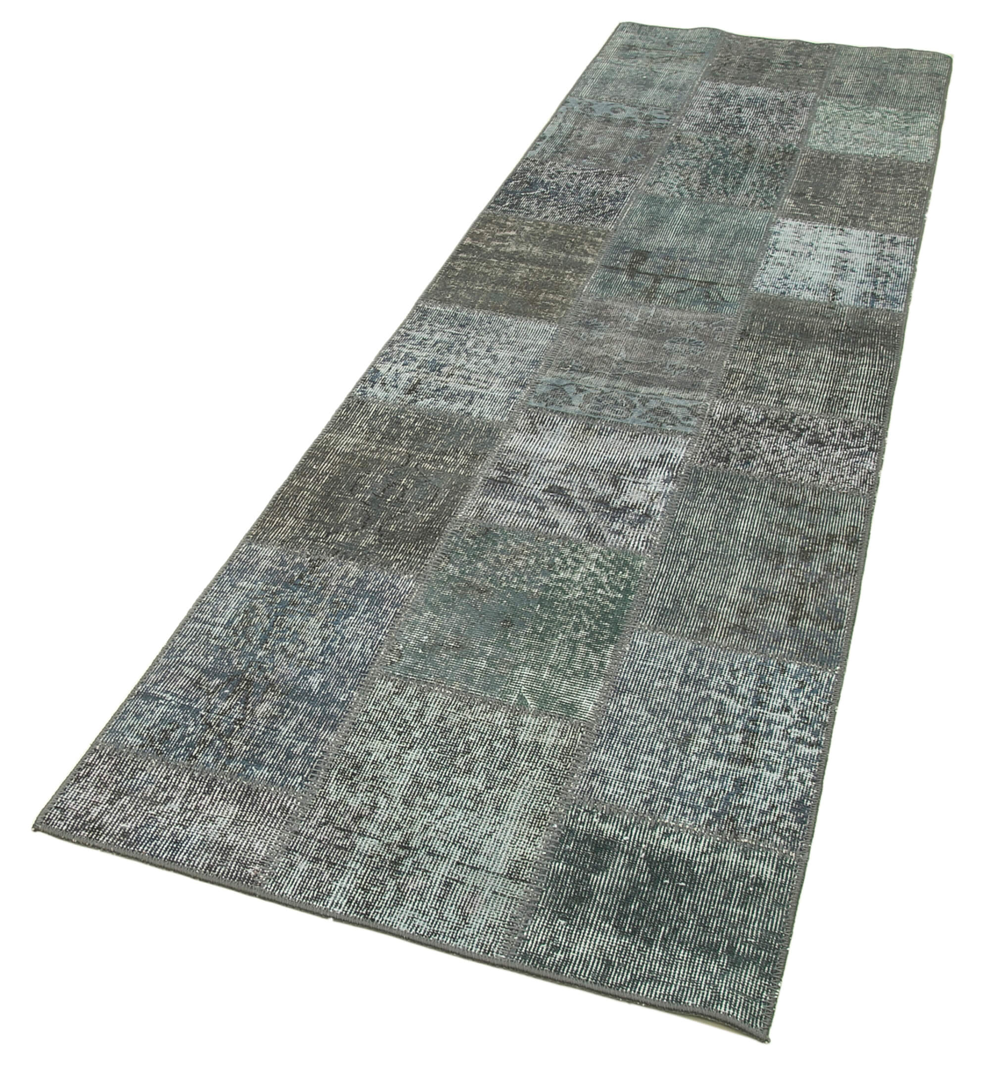Handmade Wool Area Rug – Kirk Yama Grey Patchwork Carpet 2'9''x10'0'' Cotton Wool