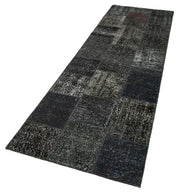 Handmade Area Rug - Black Patchwork Cotton Wool Vintage Turkish Carpet 2'10''x9'10''