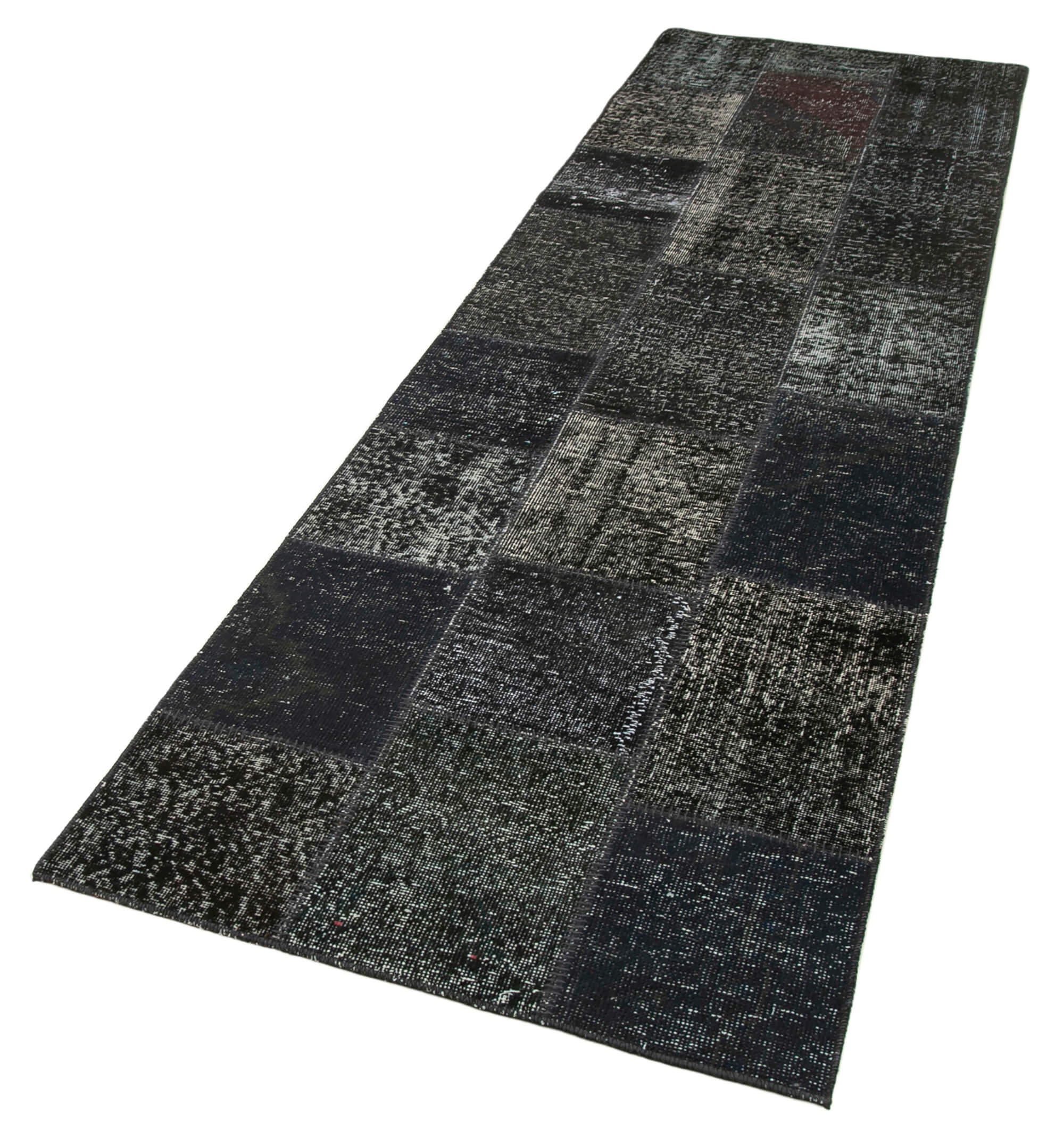 Handmade Area Rug - Black Patchwork Cotton Wool Vintage Turkish Carpet 2'10''x9'10''